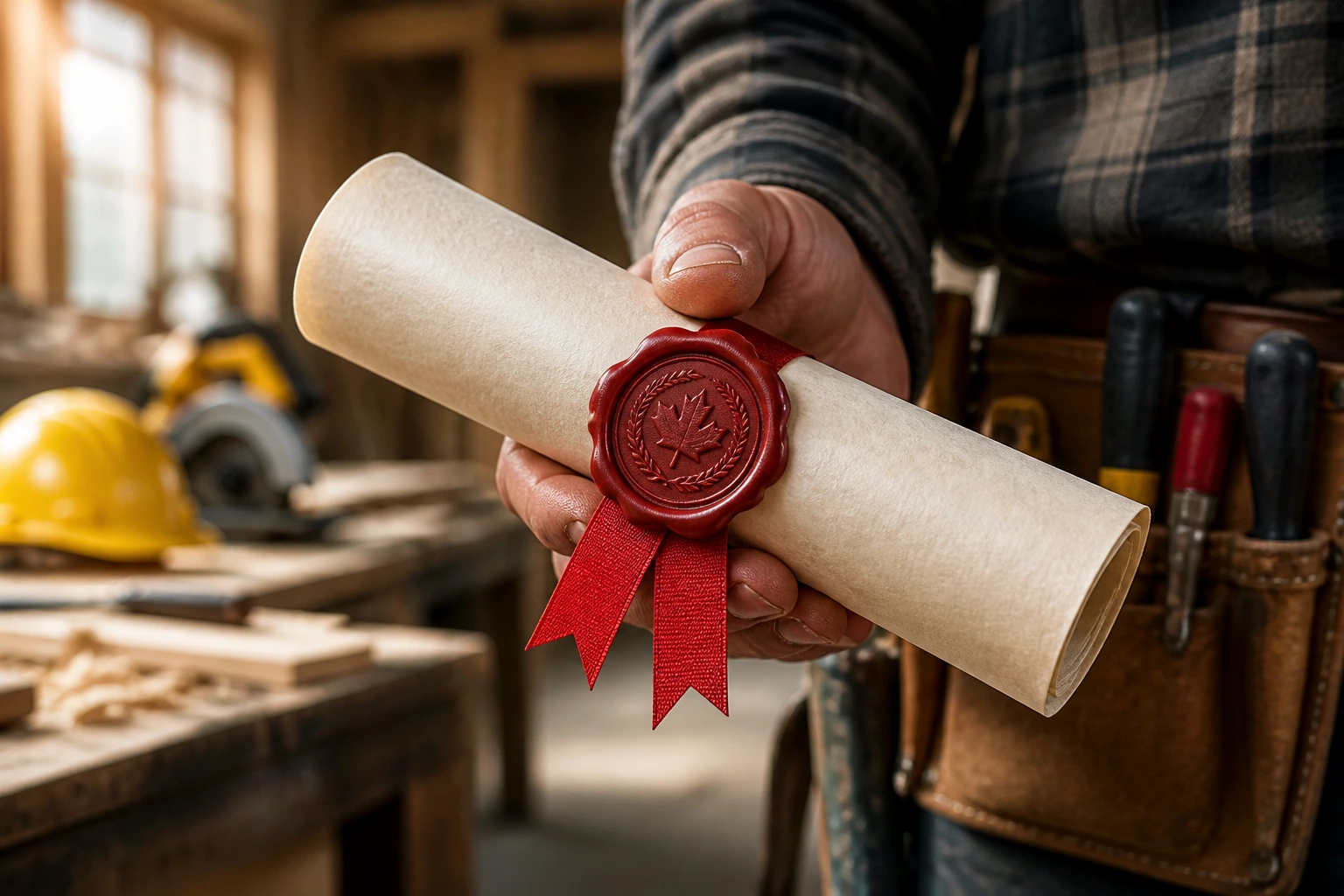 Hand holding a rolled certificate with a seal in a workshop