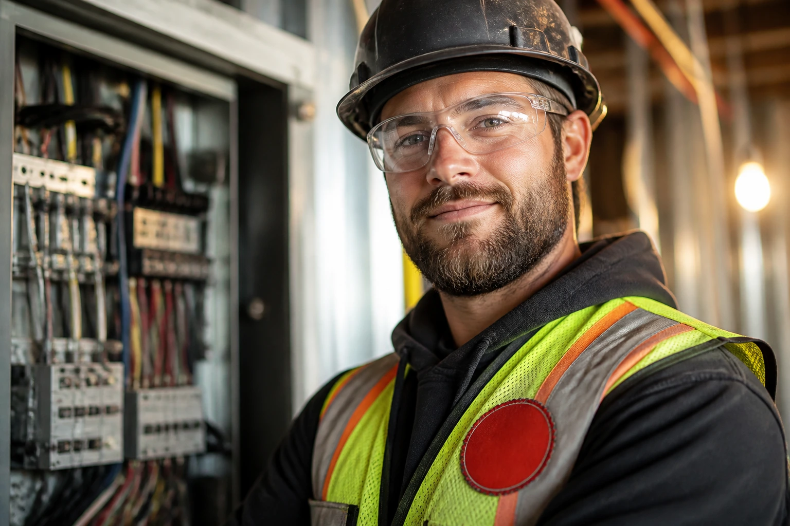 Portrait of a real electrician wearing safety gear on a construction site, with red emblem badge