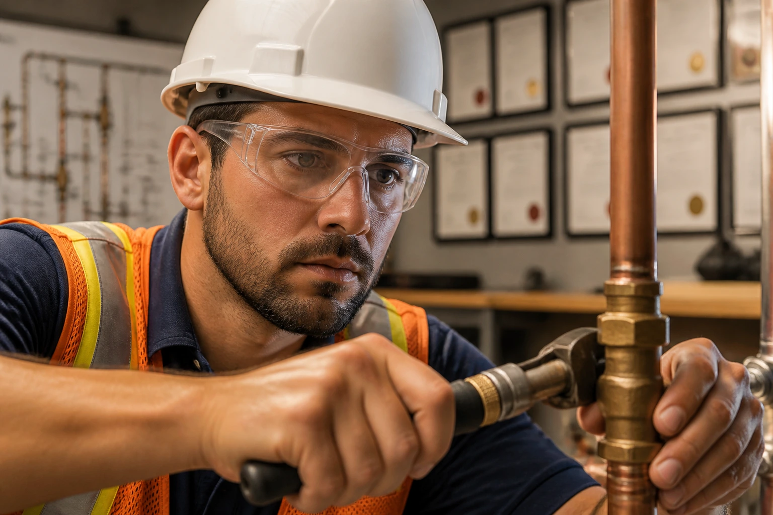 Portrait of a plumber in a training workshop ready for Red Seal certification