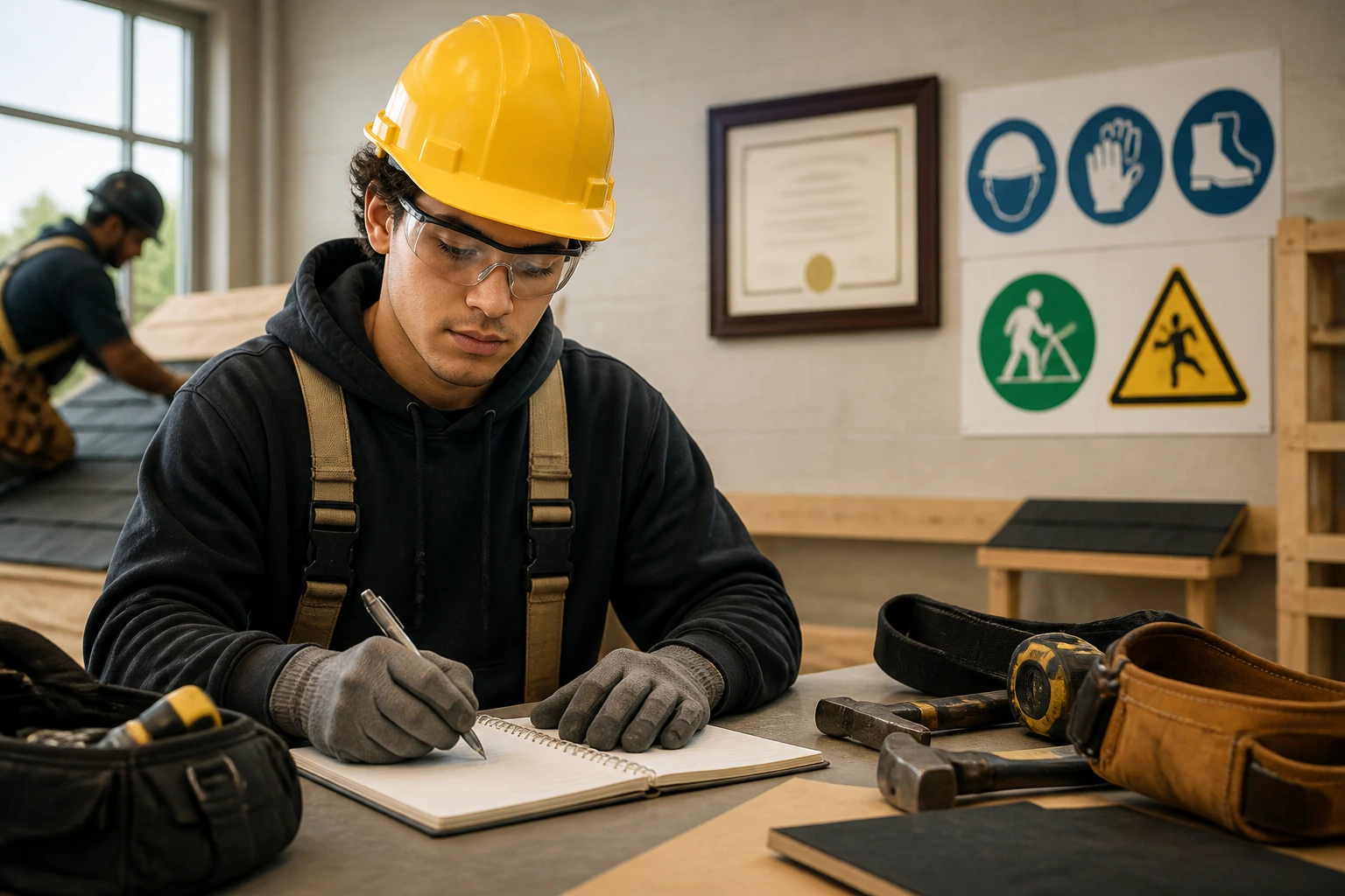 Trainee in PPE in a training workshop with safety posters