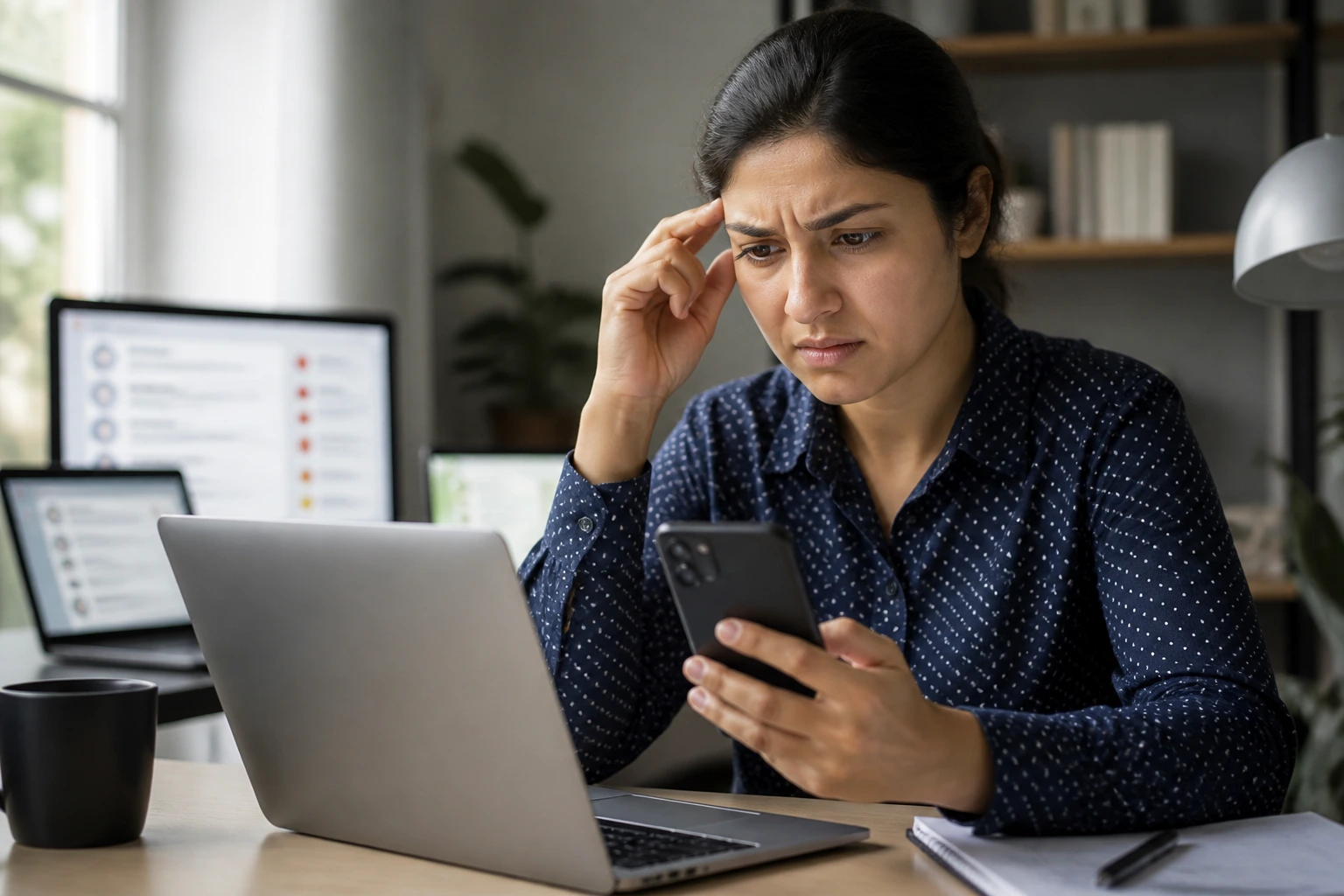 Person wary of recruitment messages in a home office