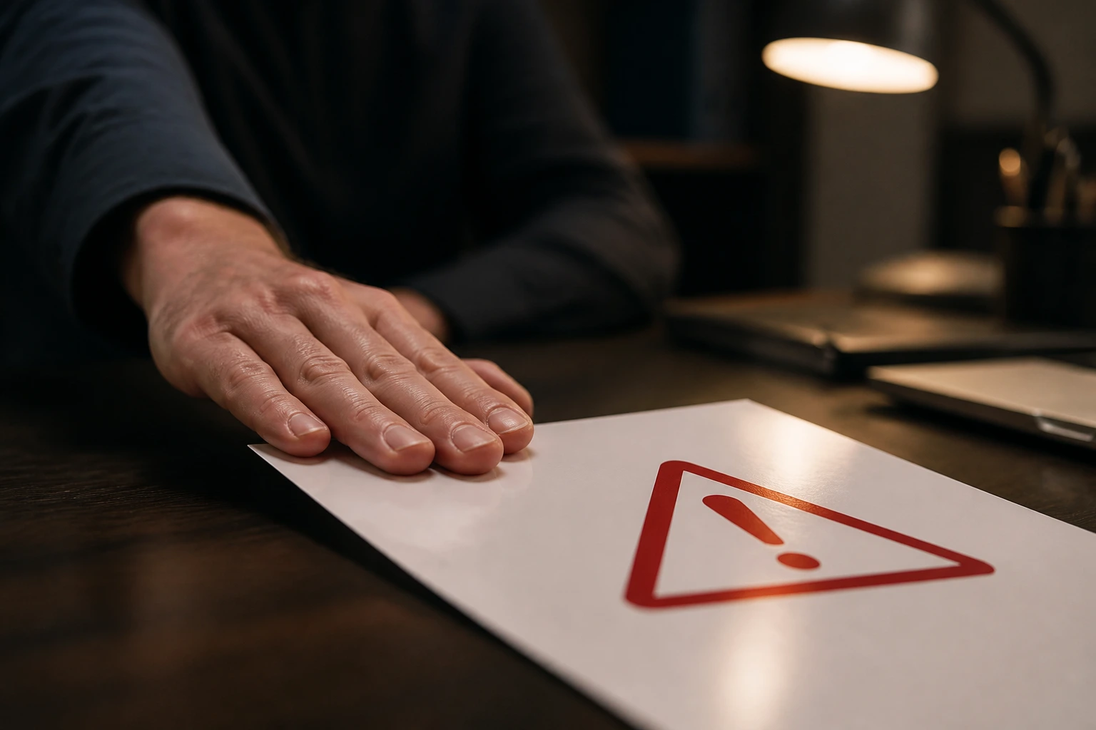 Hand pushing away a job offer document with a red warning symbol.