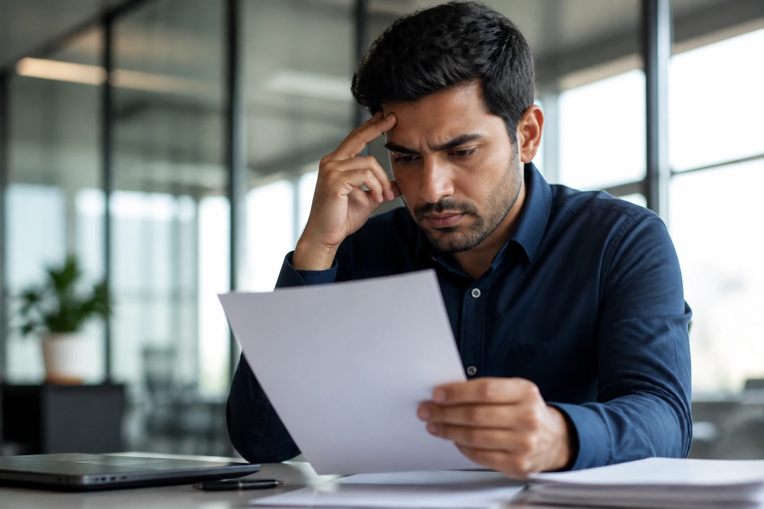 Professional showing concern indicating sponsorship red flags in an office setting