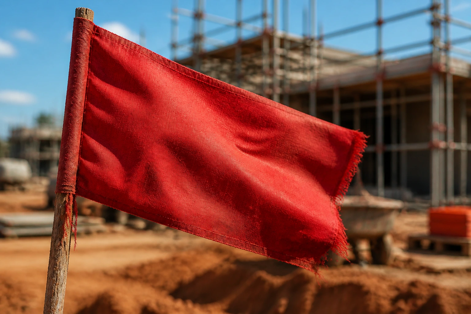 Close-up of a red flag on a stake at a construction site symbolizing red flags in sponsorship offers