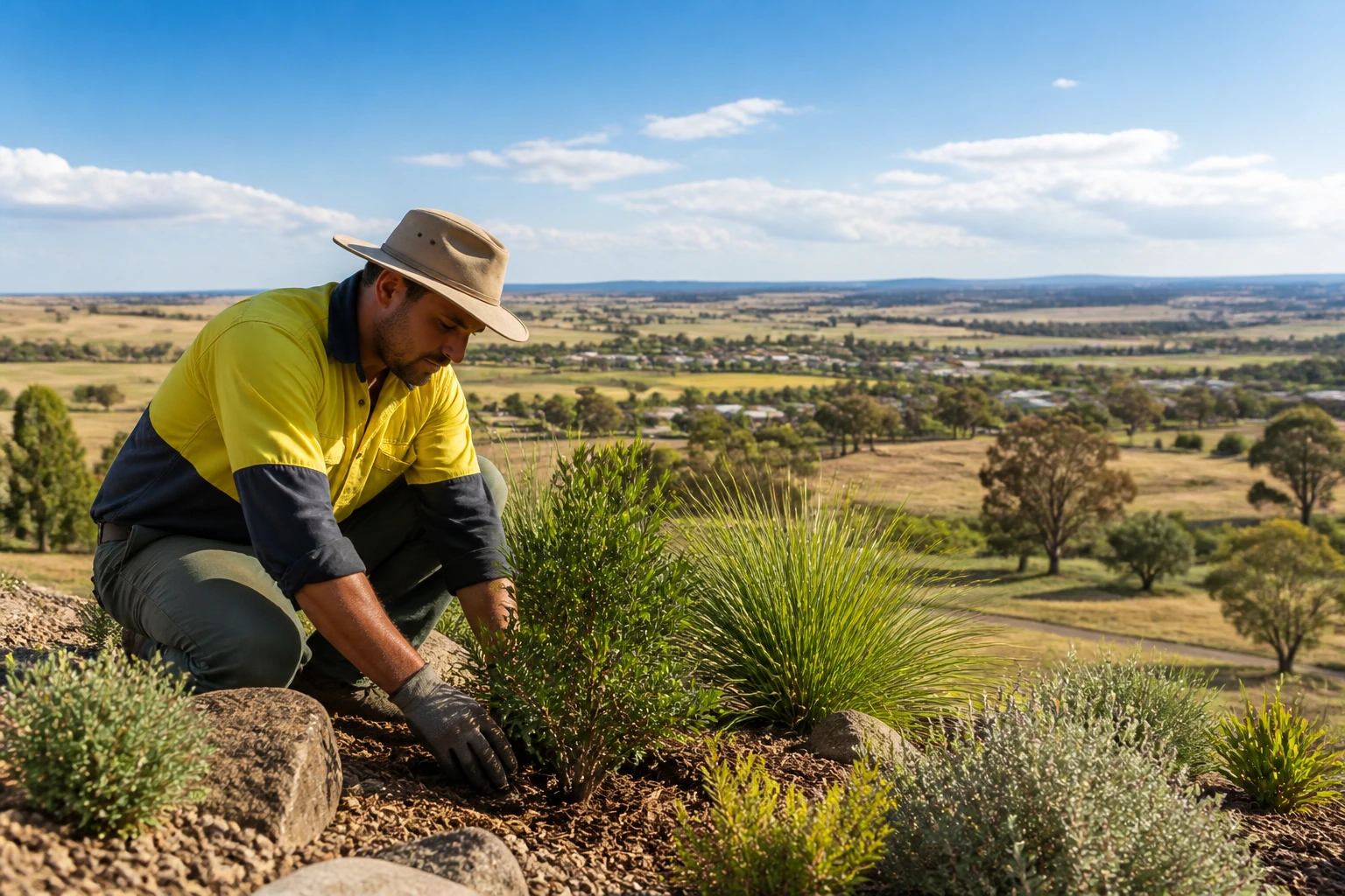 Landscaper working in a regional Australian rural landscape