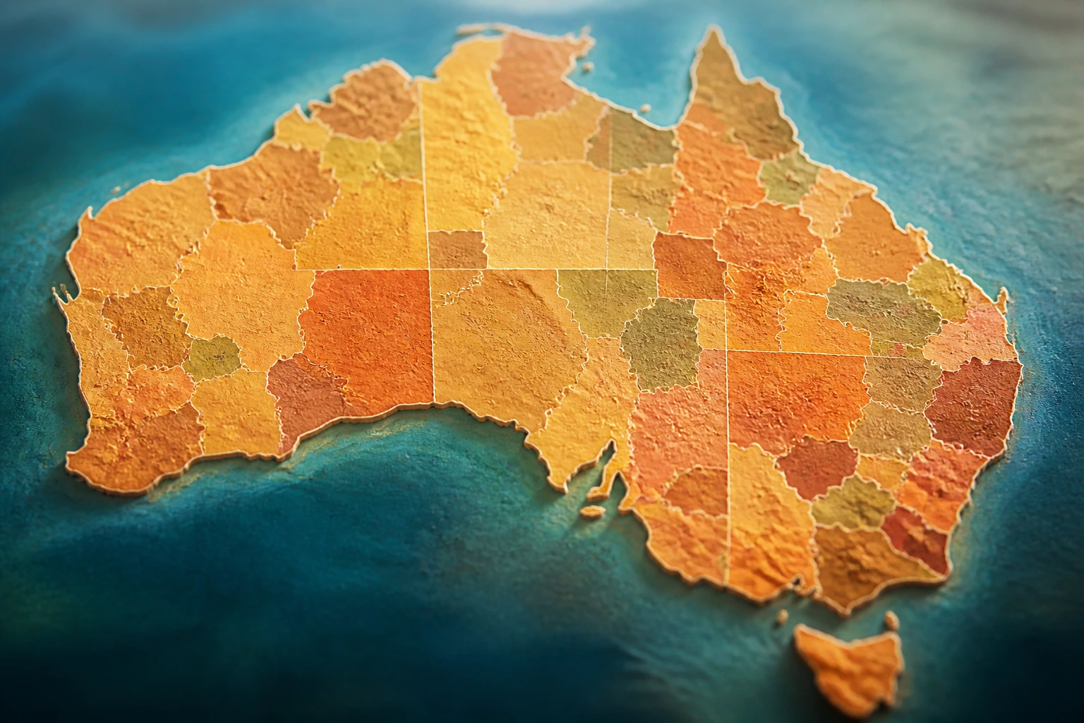 Close-up map of Australia highlighting regional areas outside capitals, no text.