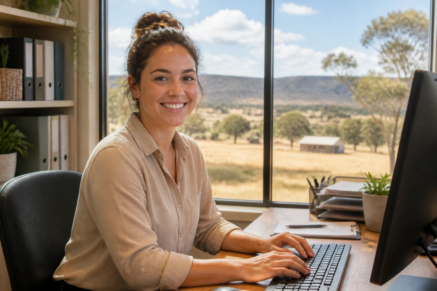 Regional Australia office worker with countryside view through window