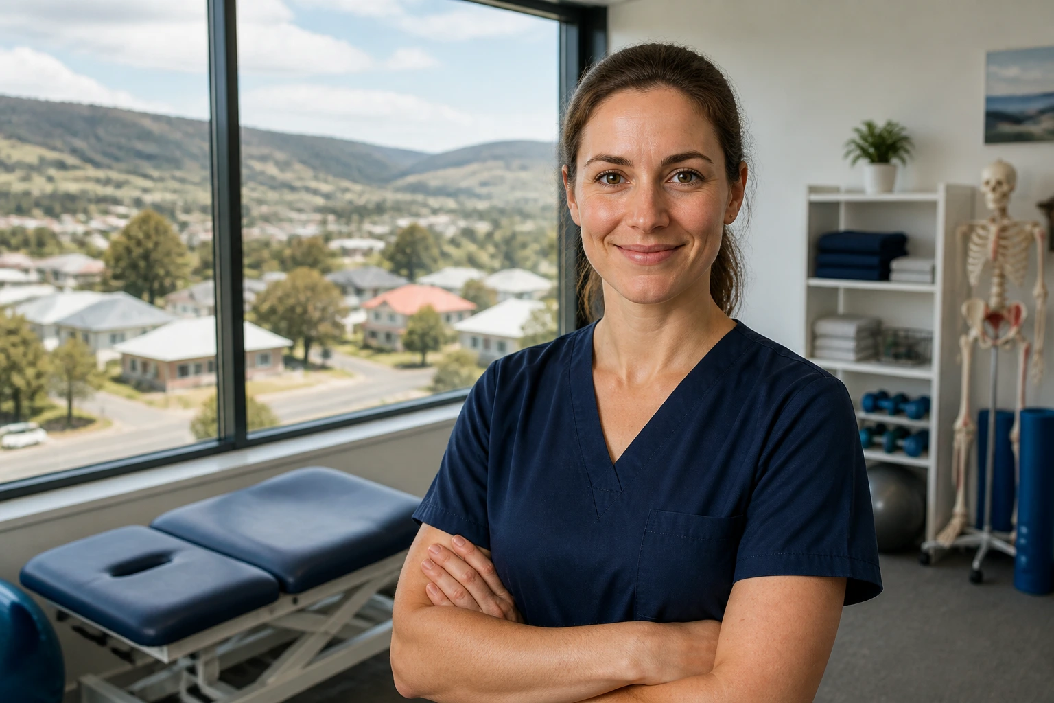 Physiotherapist in a regional clinic with a view of a regional town through the window