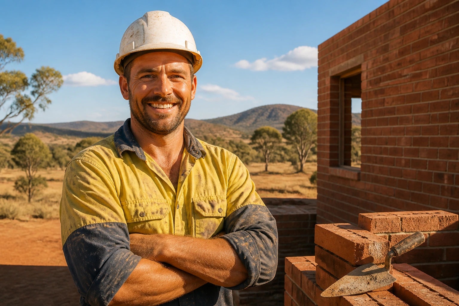 Bricklayer in regional Australian setting with open landscape