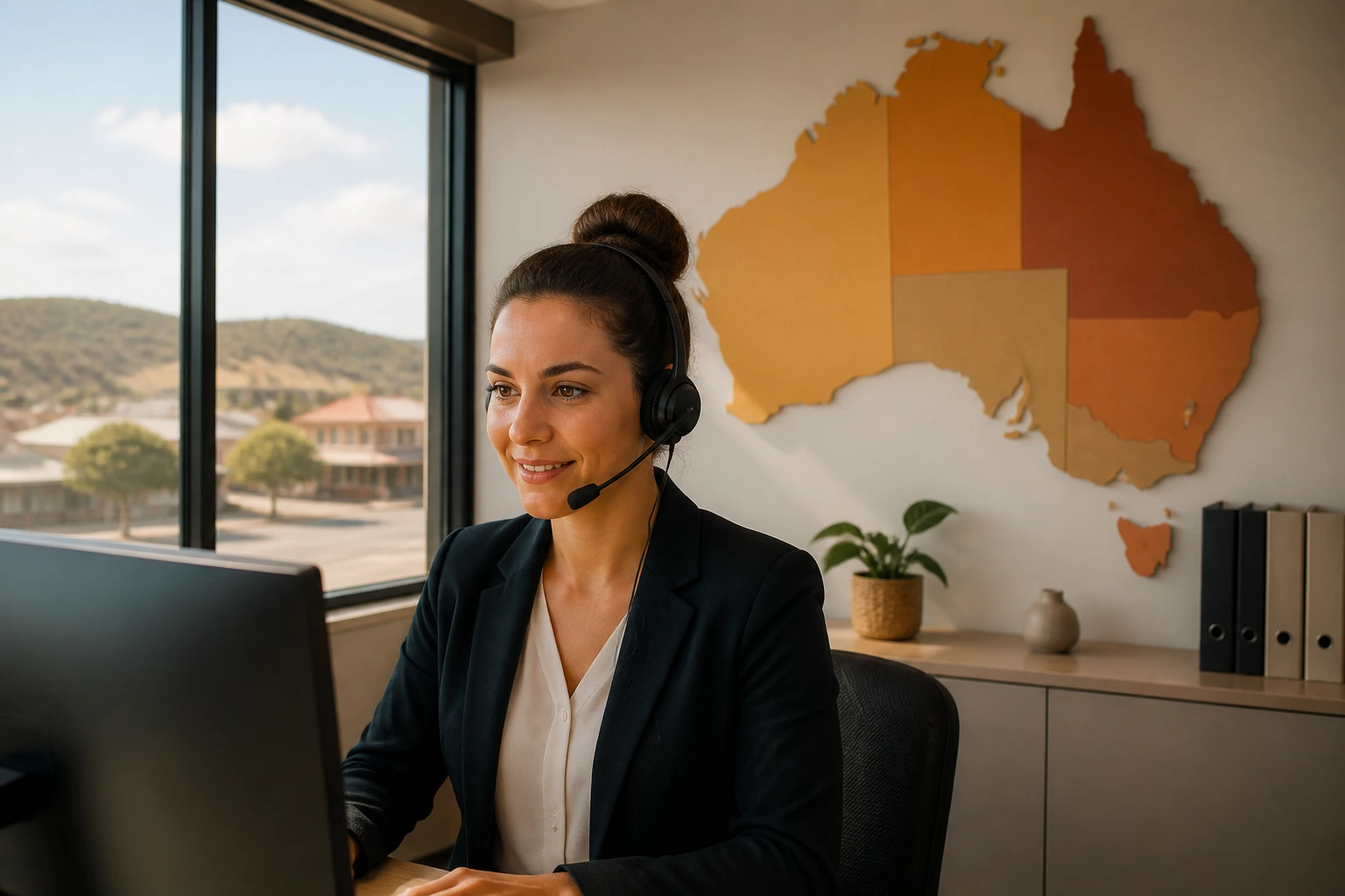 Professional in regional office with abstract map of Australia on the wall