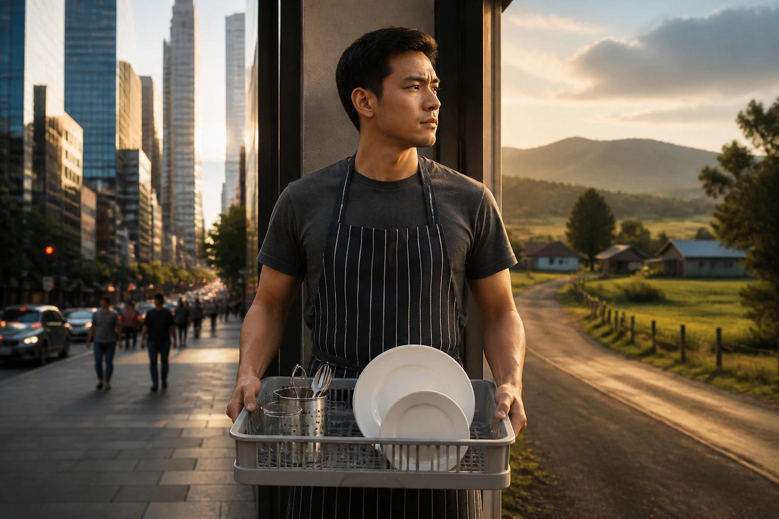 Person standing at a threshold with city and rural backgrounds illustrating regional vs city trade-offs