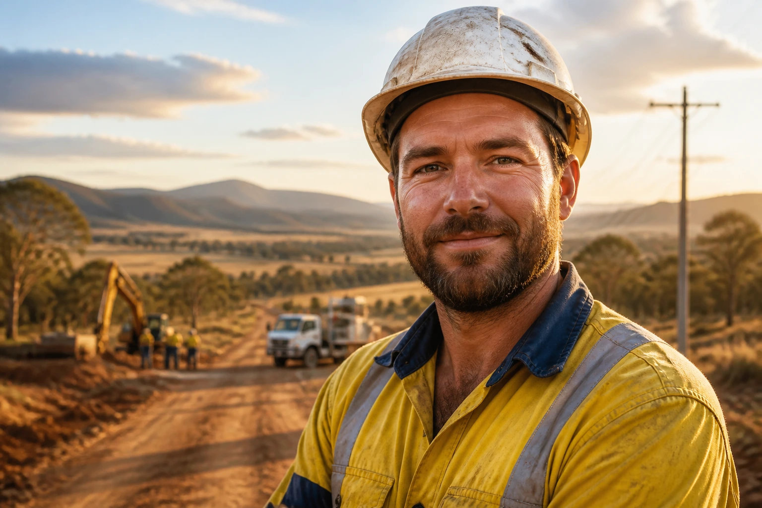 Construction worker on a regional dirt road with hills in background