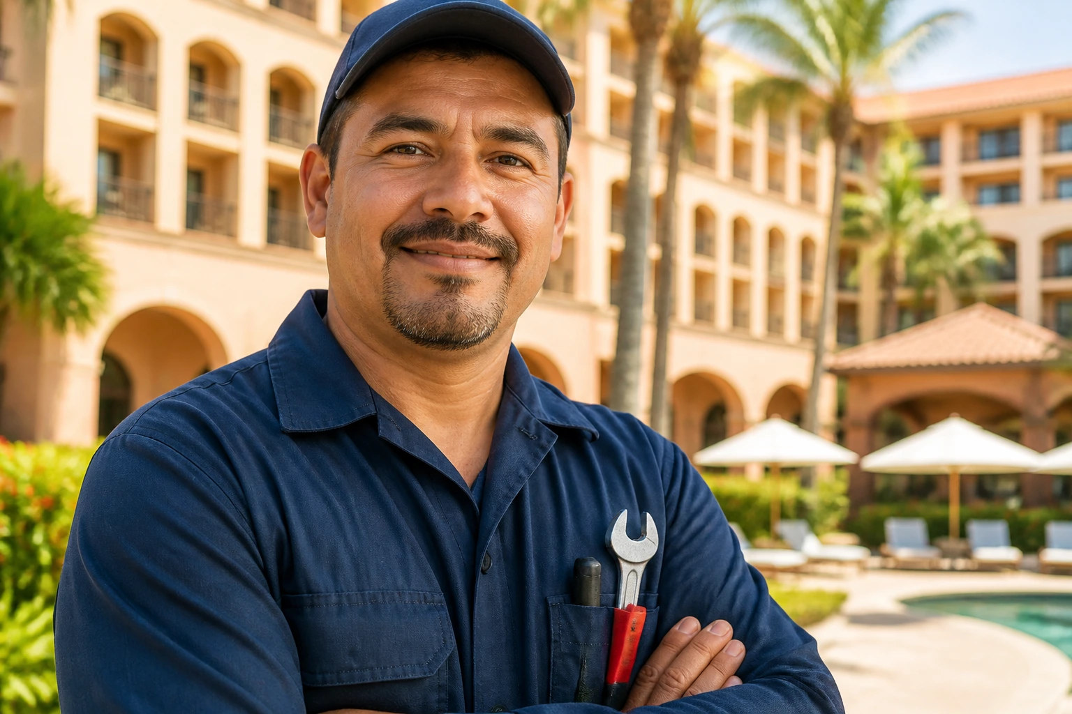 Maintenance technician in front of a resort-style hotel exterior symbolizing regional demand.