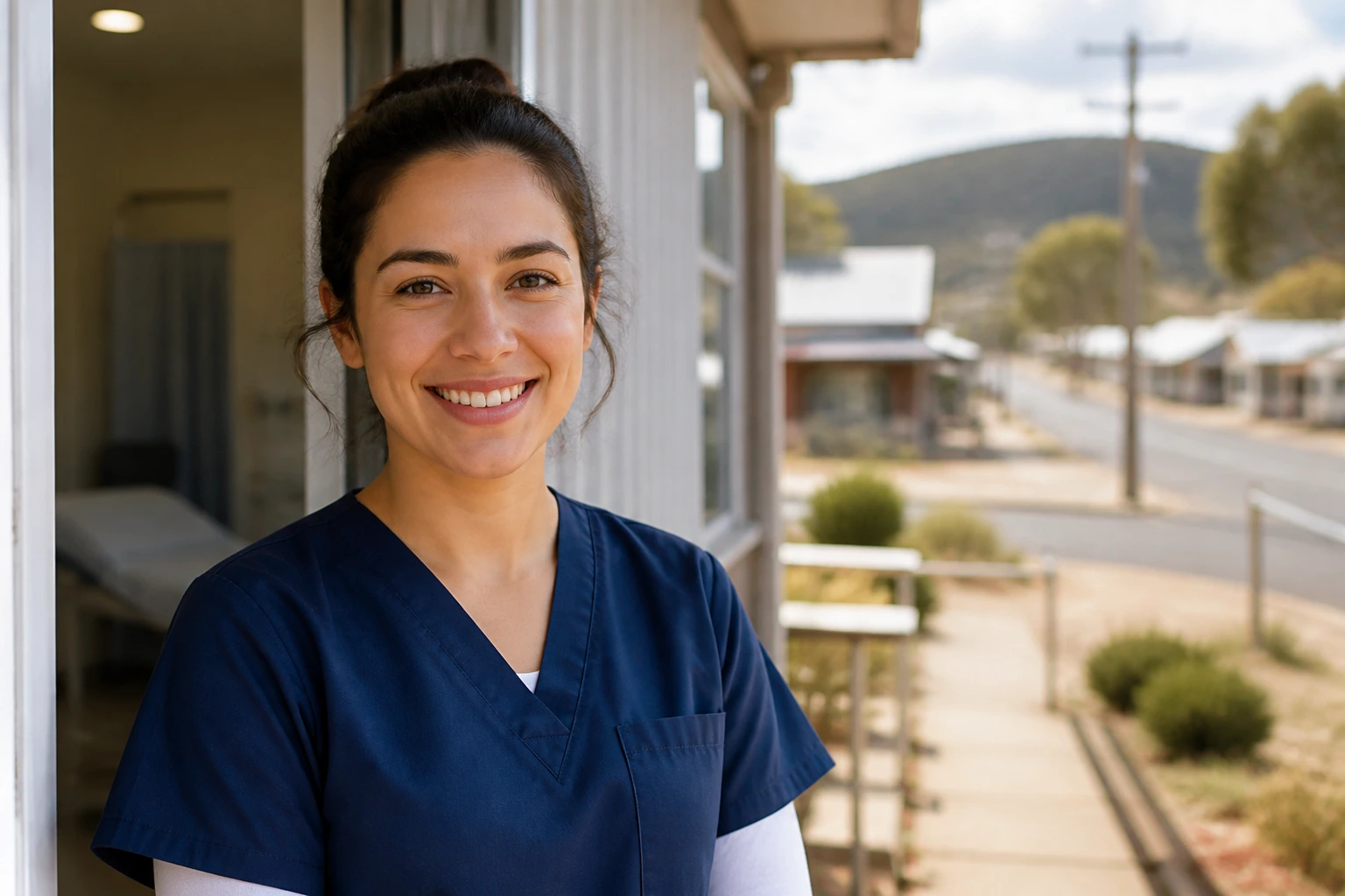 Healthcare worker at rural clinic doorway, representing regional care options
