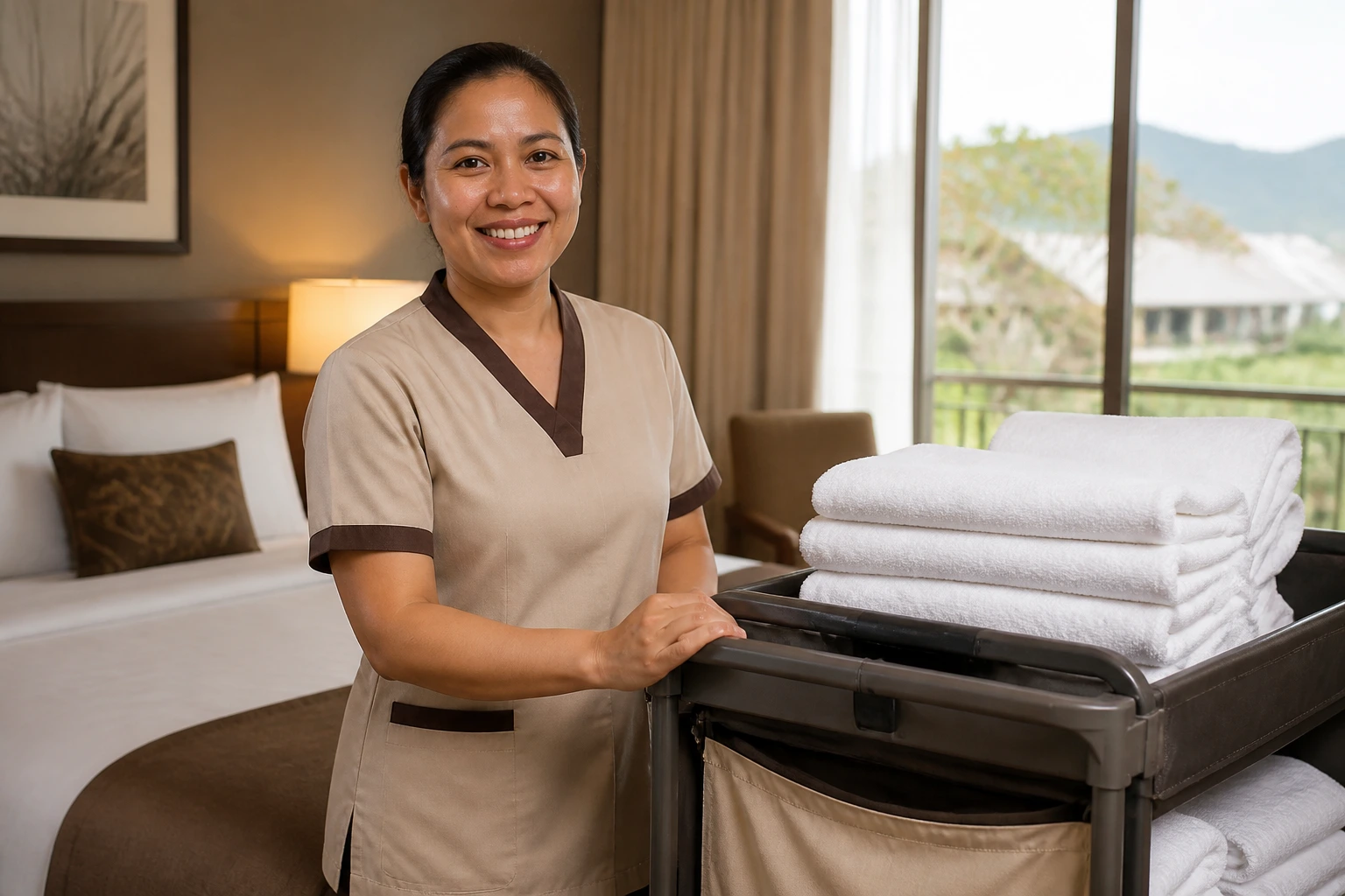 Cleaner in hotel uniform in a guest room with linen cart