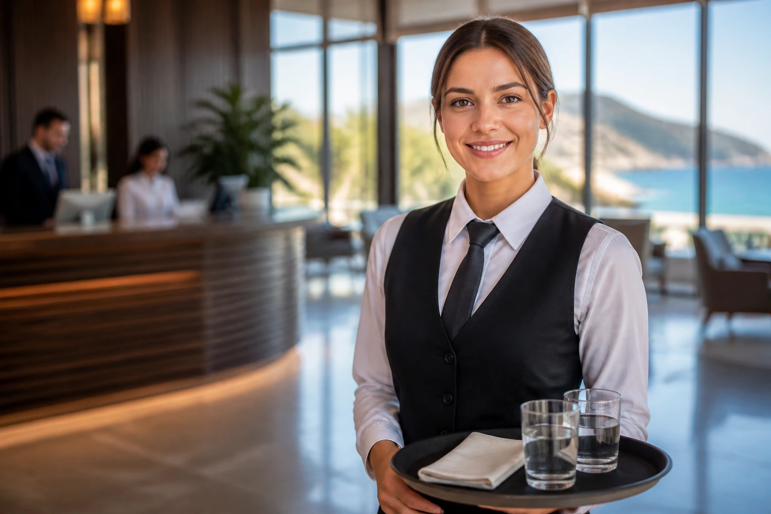 Regional hotel front-of-house server in coastal resort lobby