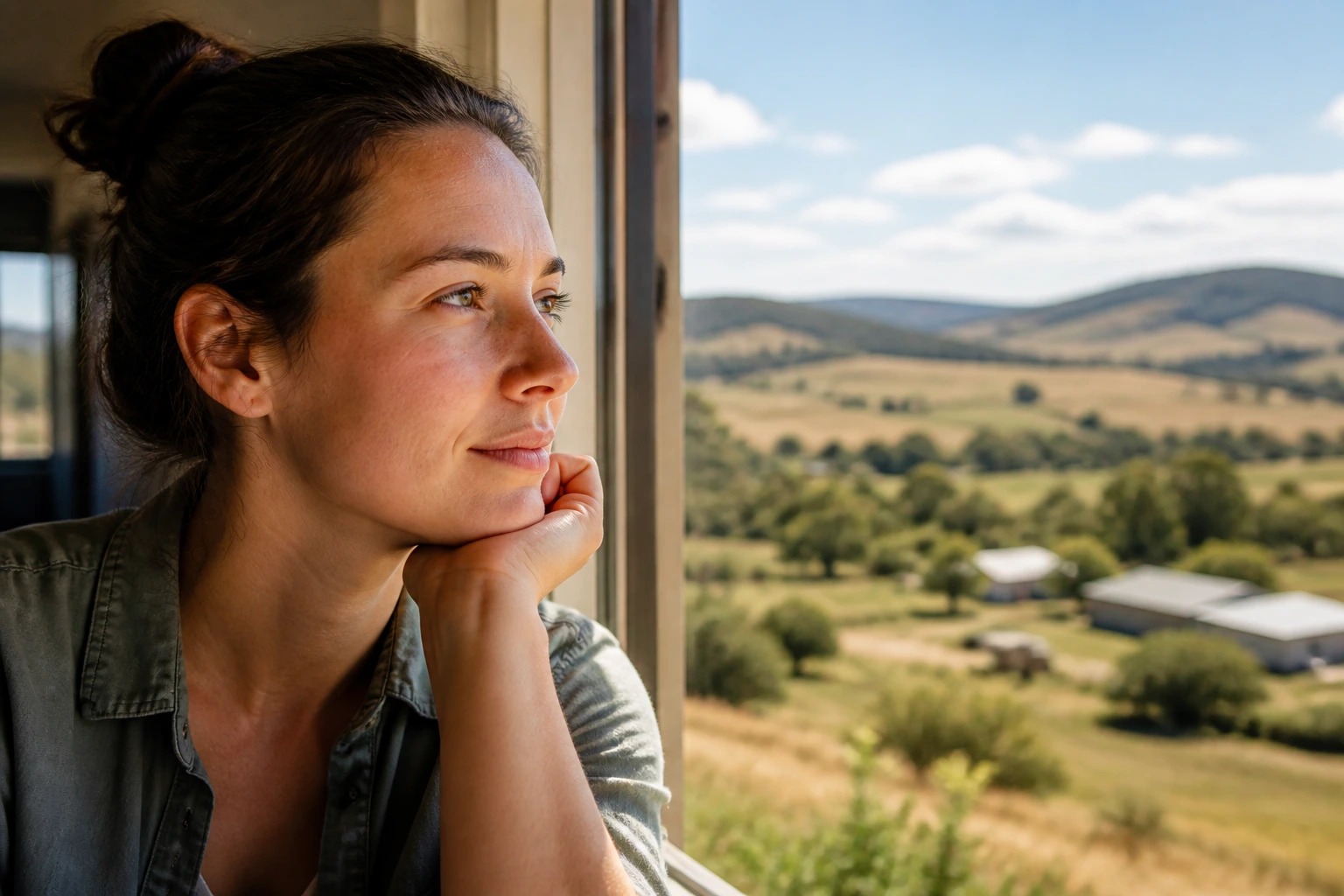 Person contemplating regional life with rural landscape visible through window
