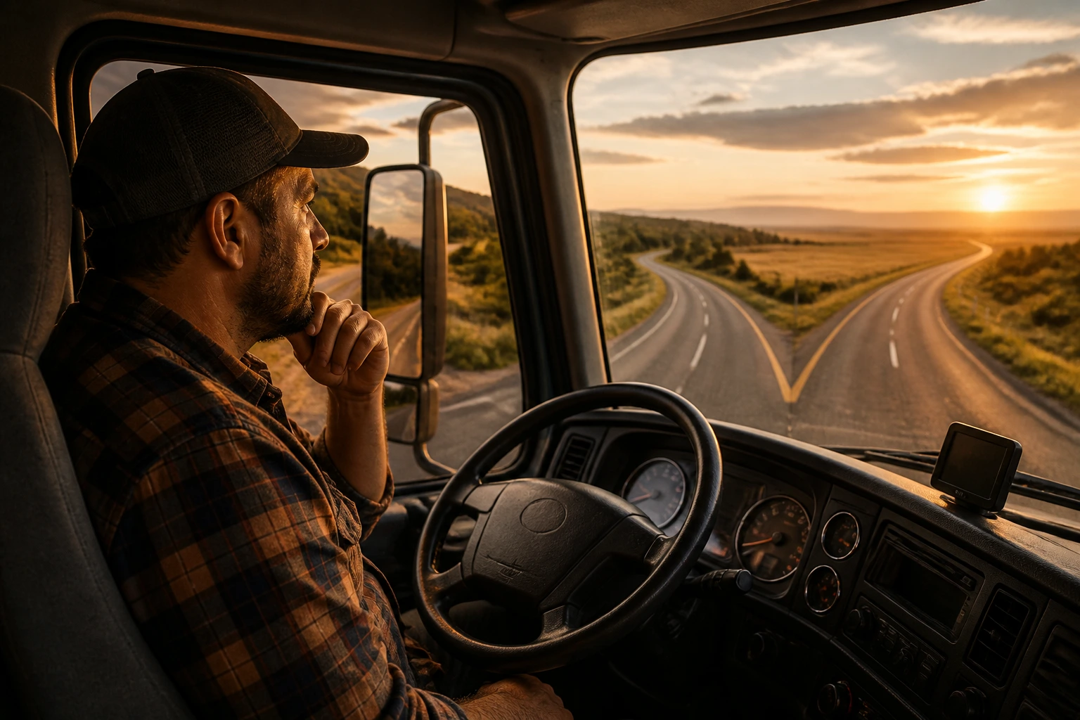 Medium close-up portrait of a truck driver with a fork in the road outside the cab