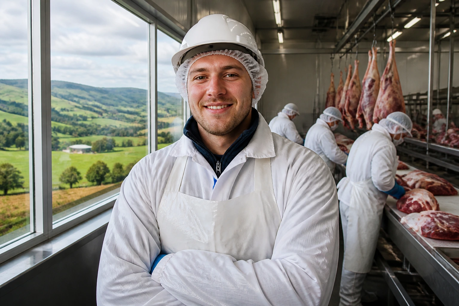 Meat packing worker in PPE in a regional plant with rural backdrop