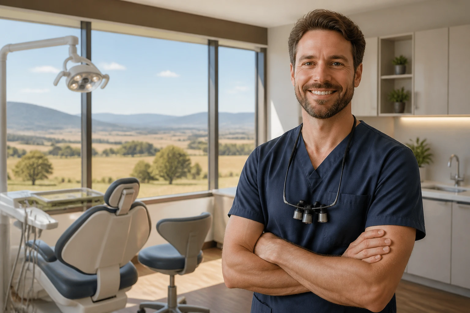 Dentist in regional clinic with rural landscape outside window