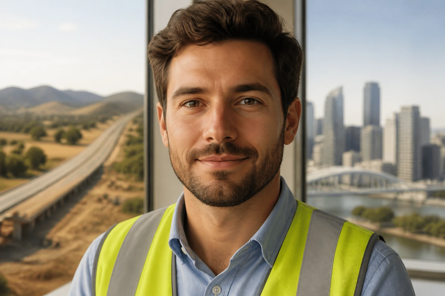 Engineer portrait with backdrop representing regional and city opportunities
