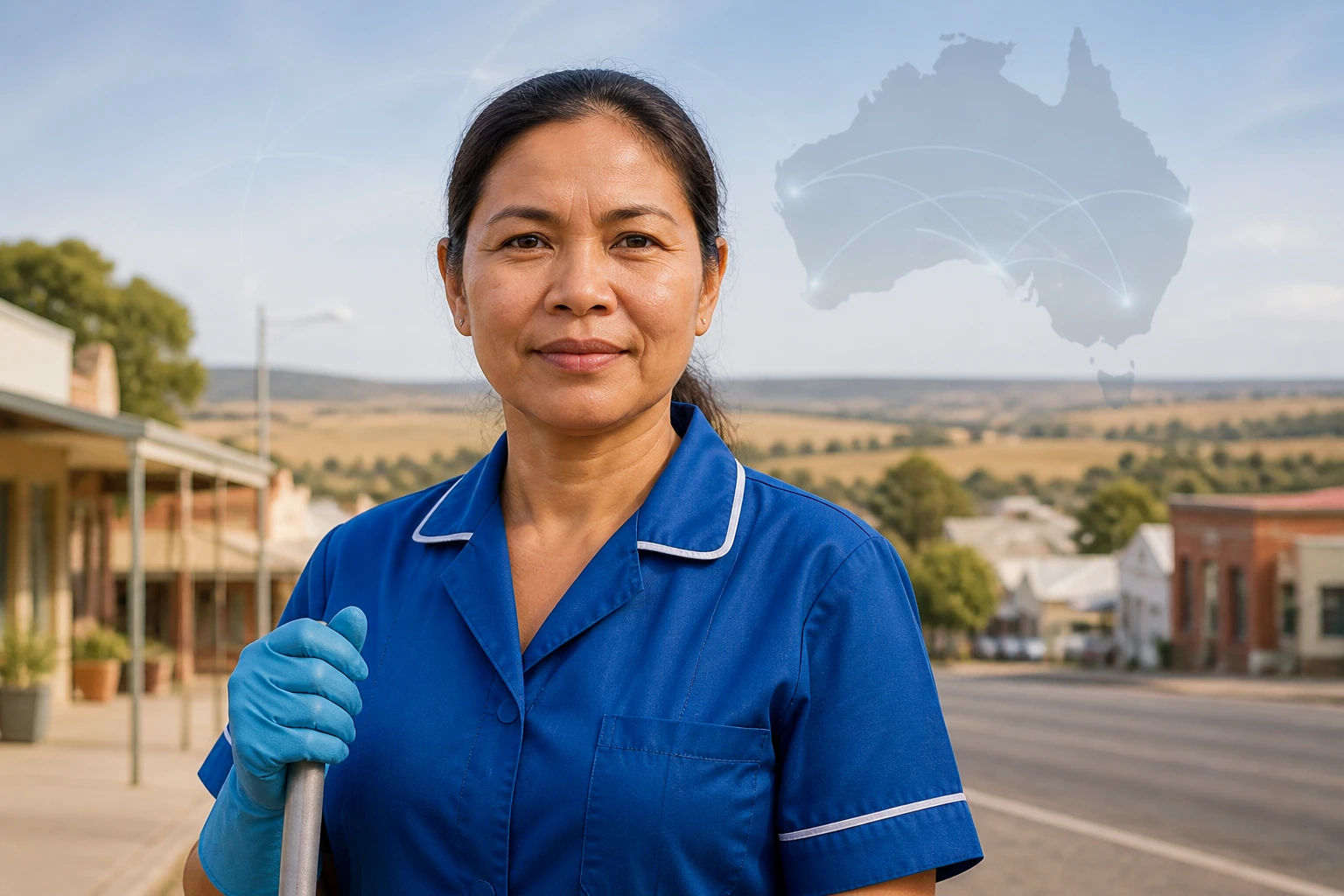 Close-up of a cleaner in uniform with regional Australia backdrop and abstract map suggesting migration pathways