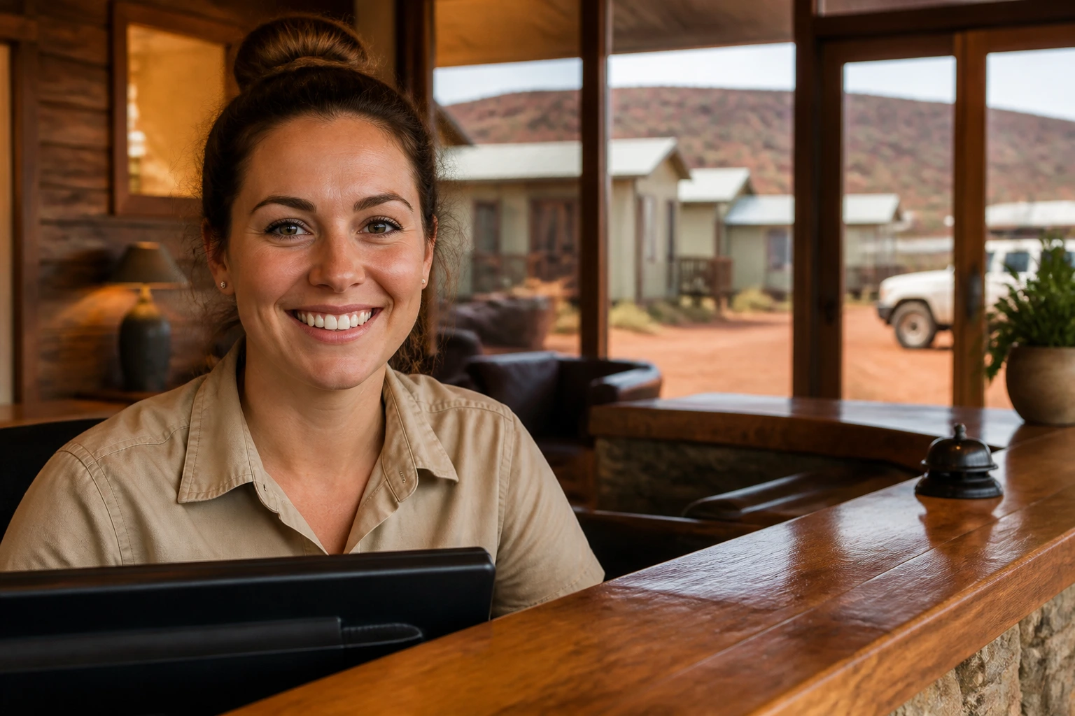 Regional motel front desk receptionist in a rustic lobby