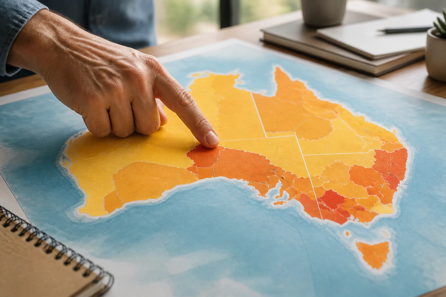 Finger pointing at a color-coded regional map highlighting regional Australia job hubs