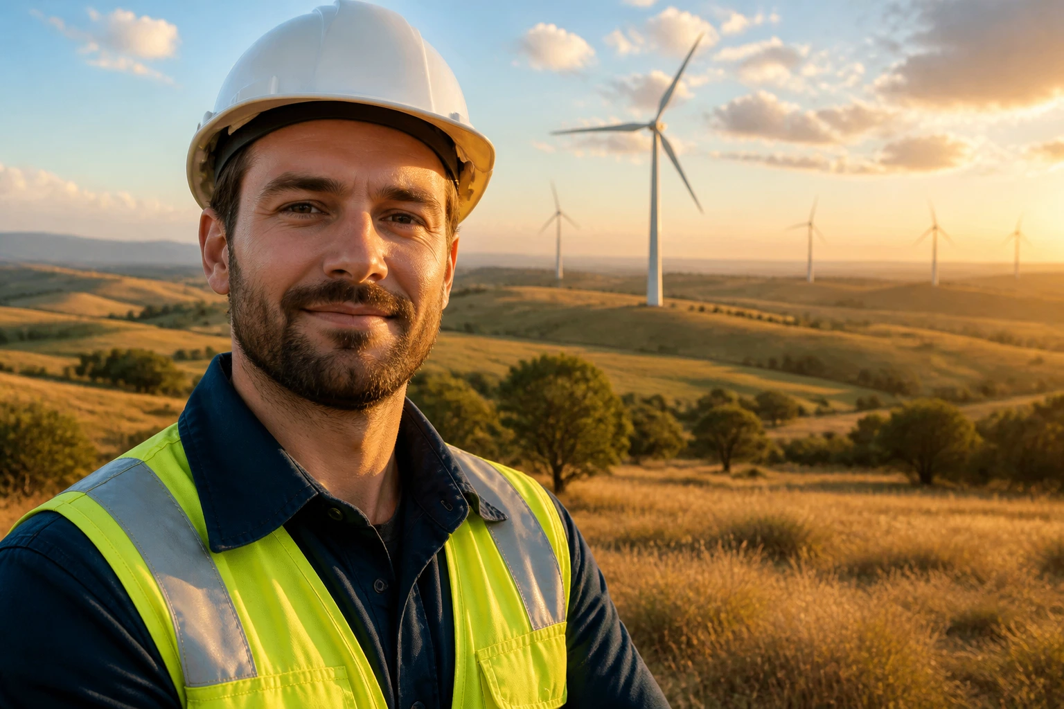 Electrical engineer in safety gear in a rural Australian wind farm setting