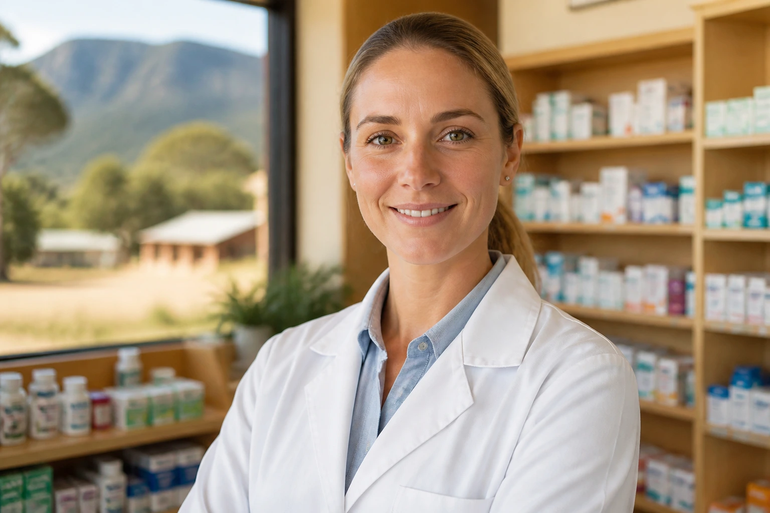 Close-up portrait of a regional Australian pharmacist in a white coat, pharmacy interior in background