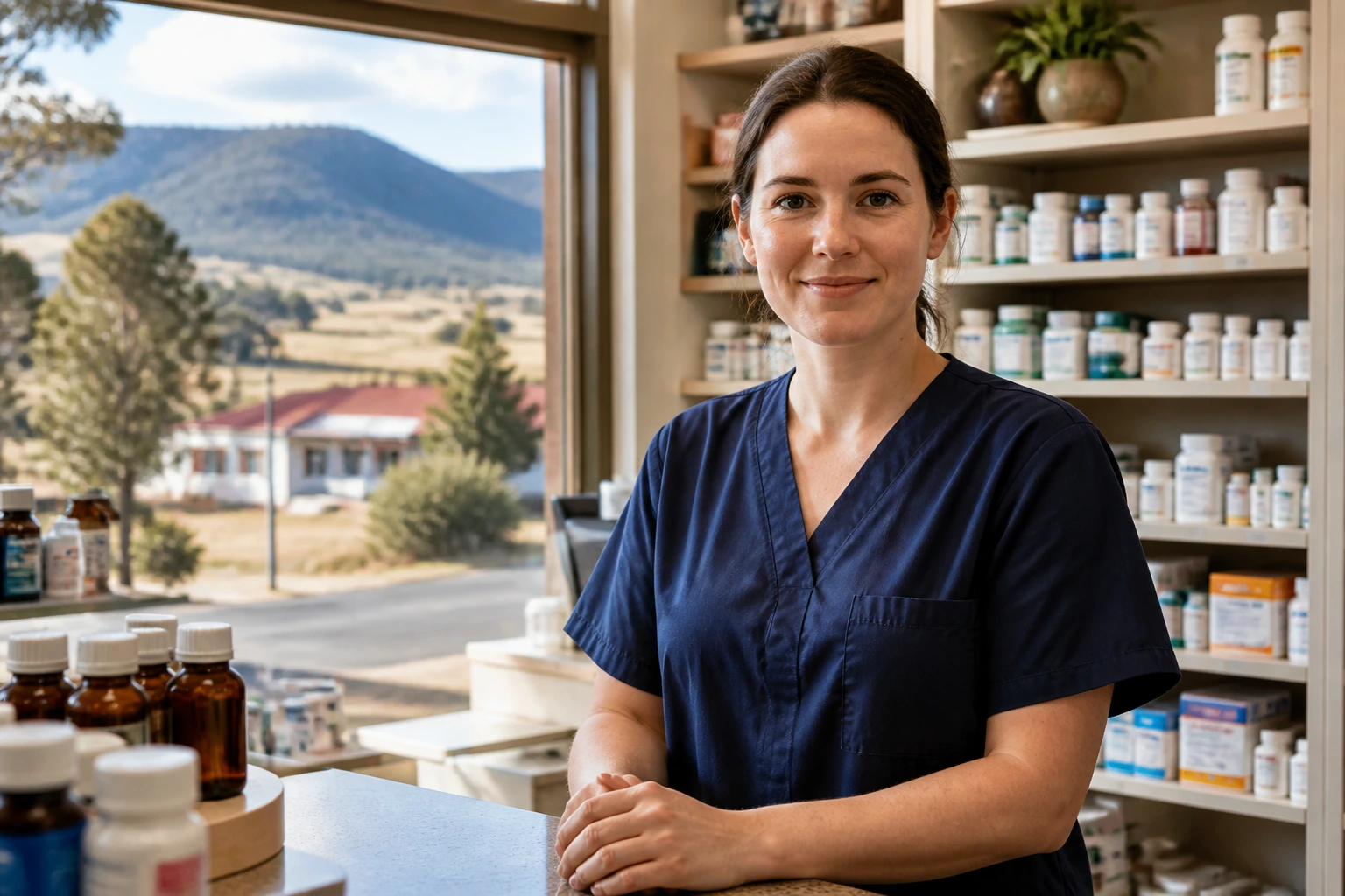 Regional Australian pharmacy staff inside a small-town storefront with countryside outside.