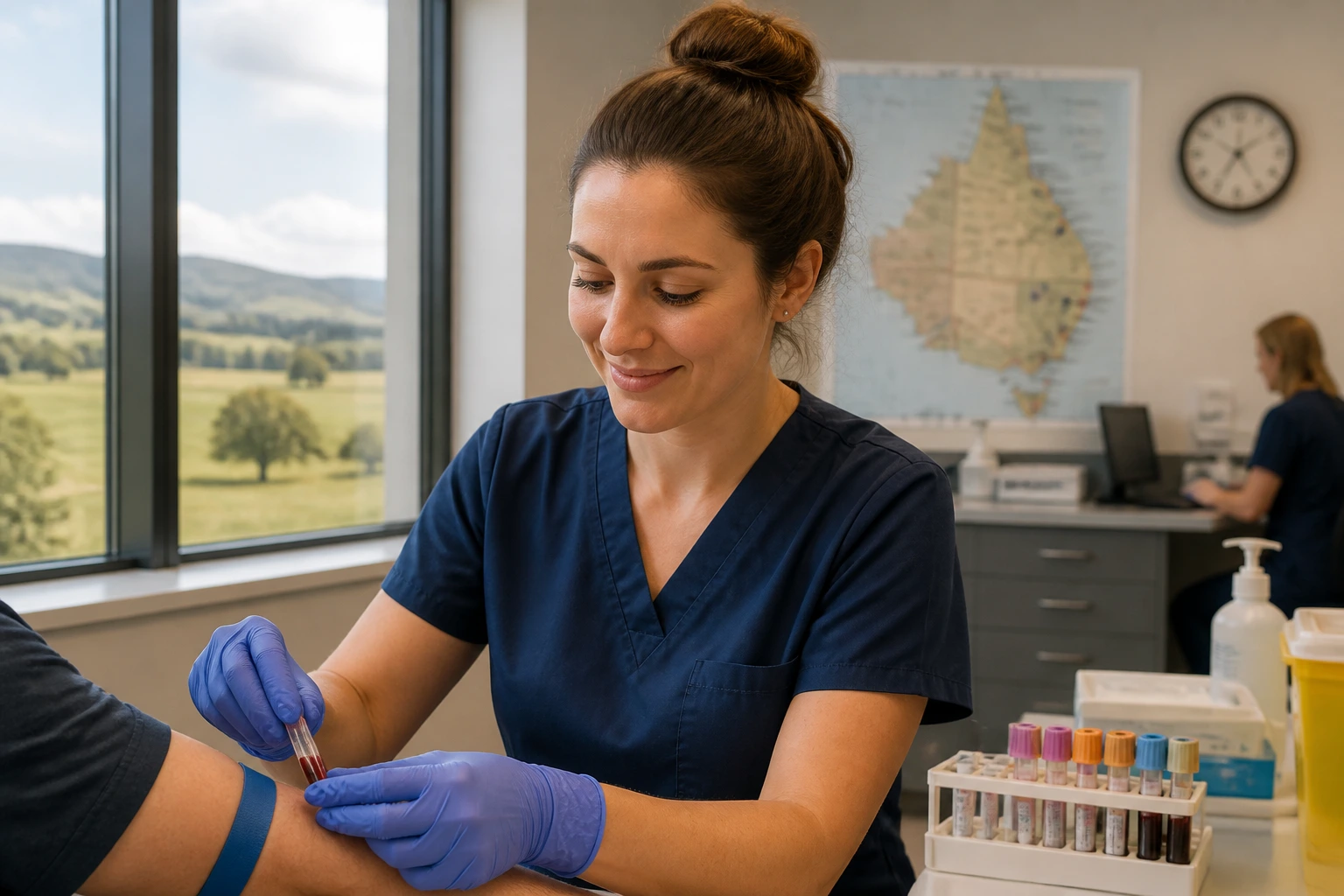 Phlebotomist working in regional clinic with rural surroundings