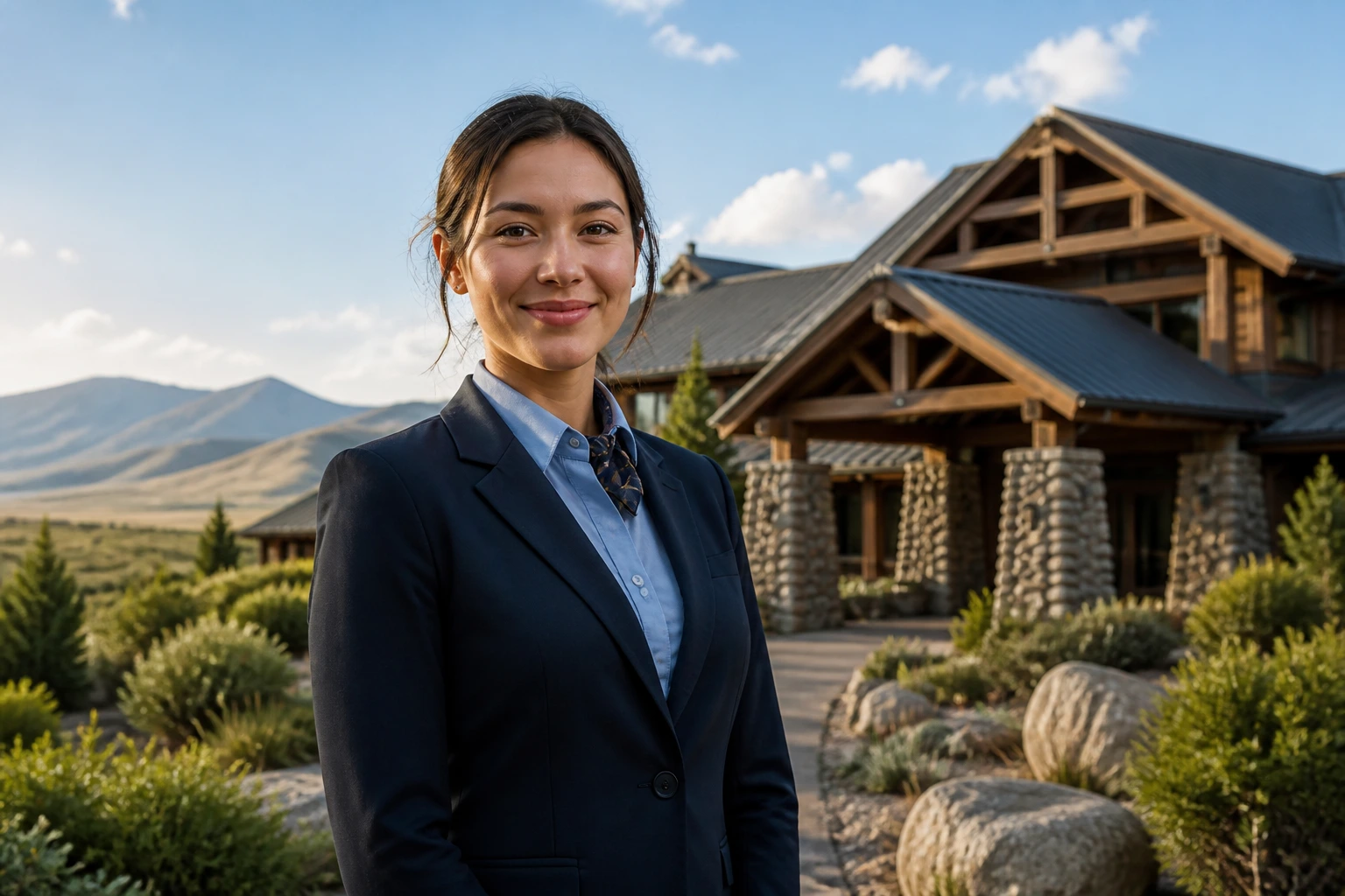 Portrait of a person in front of a regional resort
