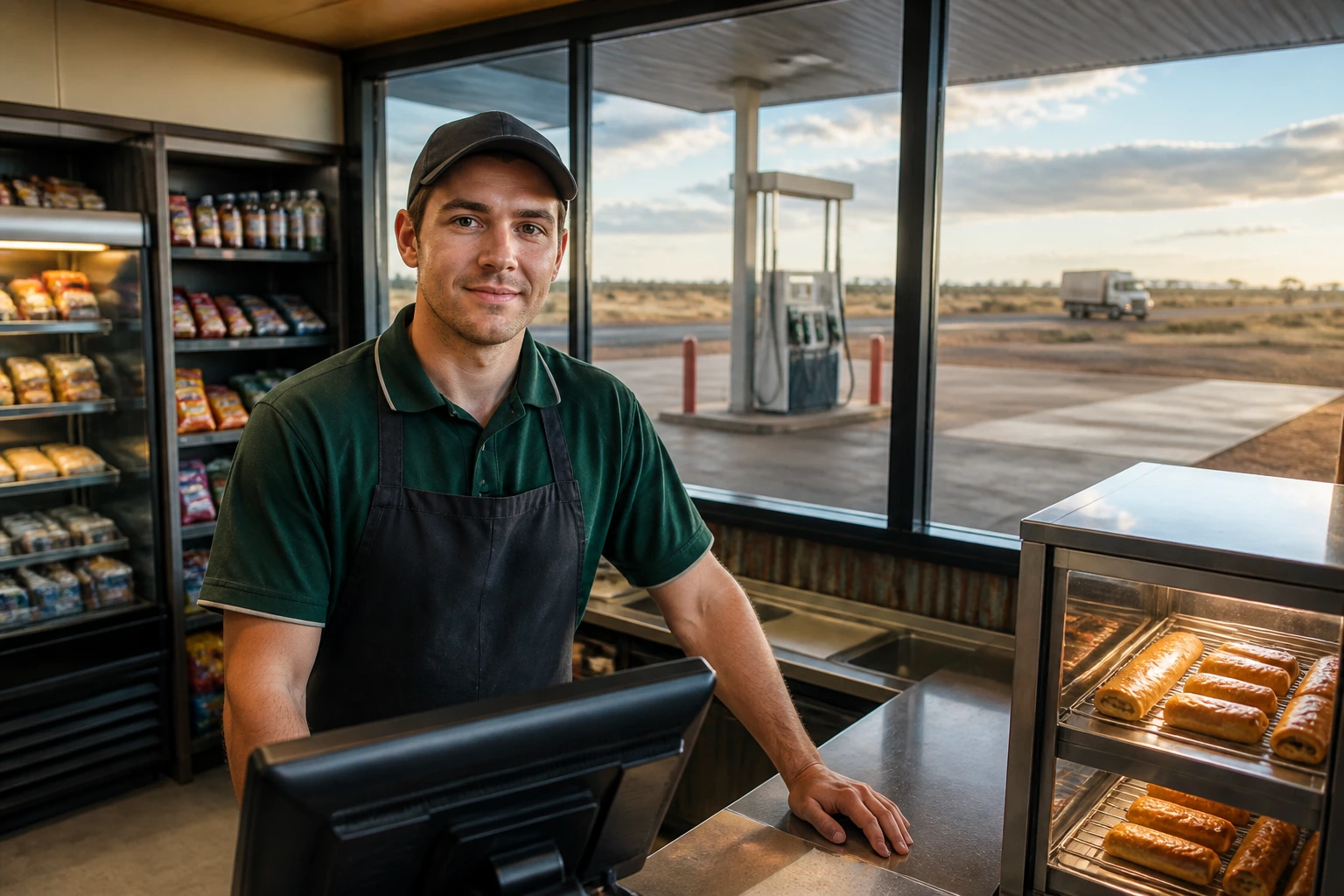 Regional roadhouse attendant at counter with remote highway in view