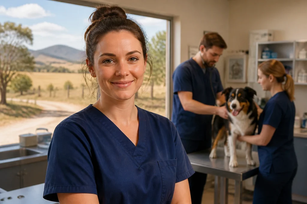 Regional veterinary nurse with rural landscape visible through clinic window