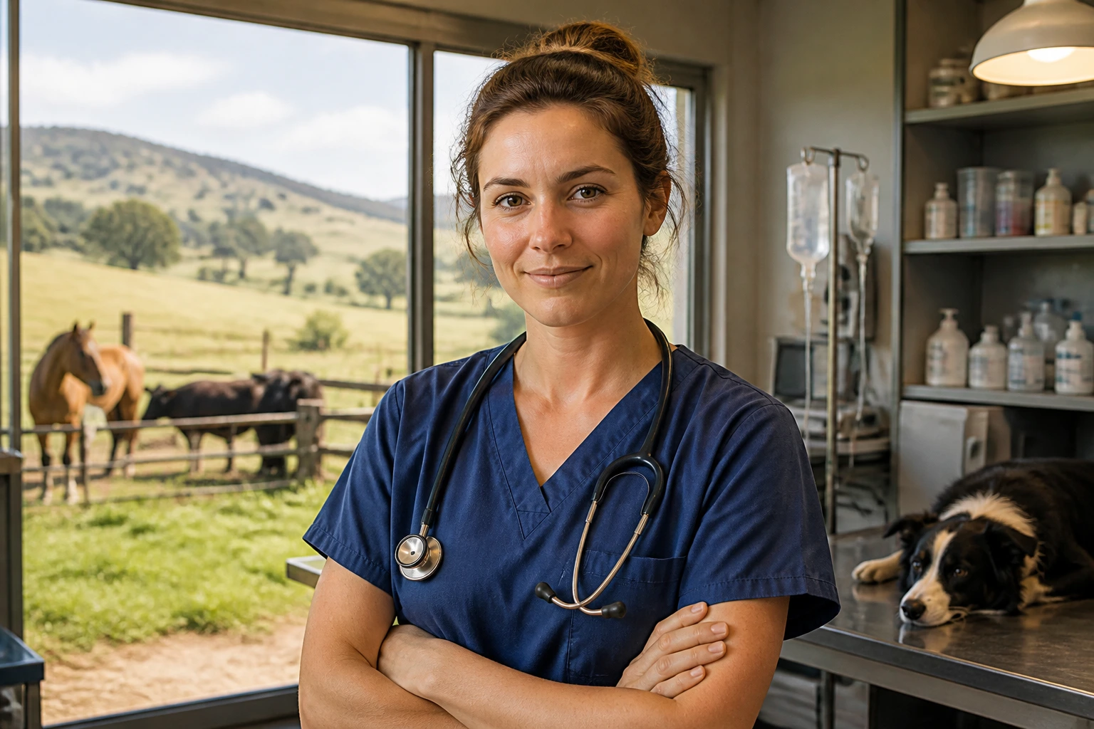 Veterinary nurse in rural clinic with farm landscape, regional shortage context