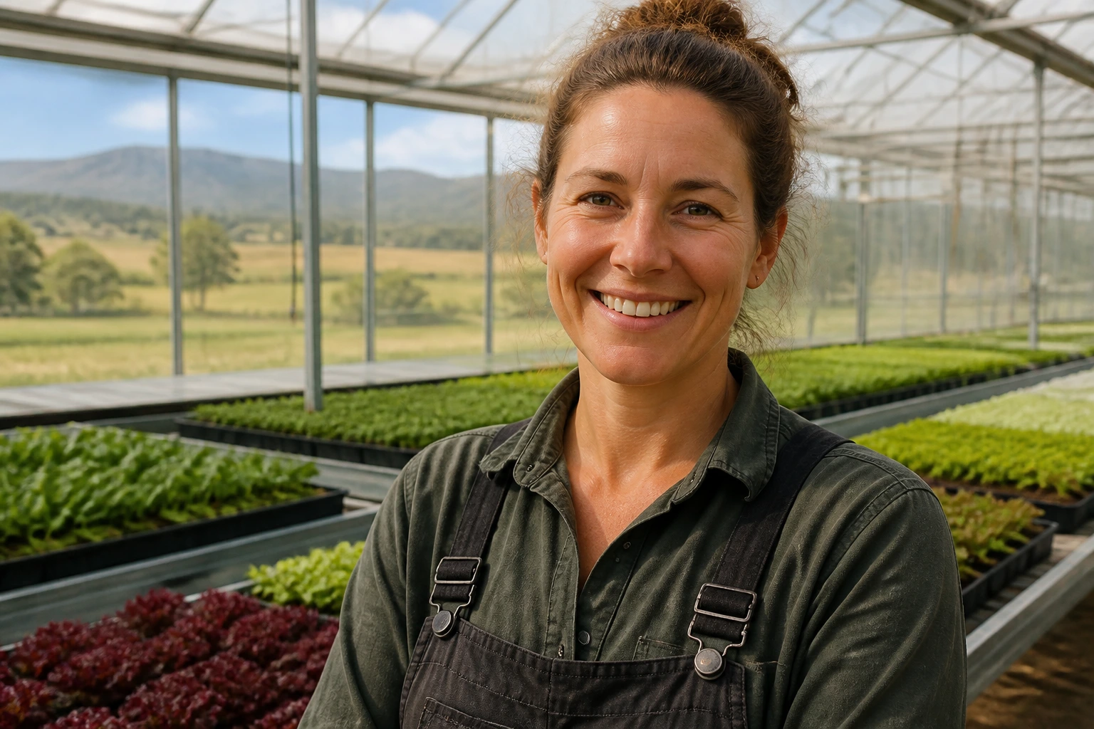 Worker in regional Australian greenhouse with rural landscape outside