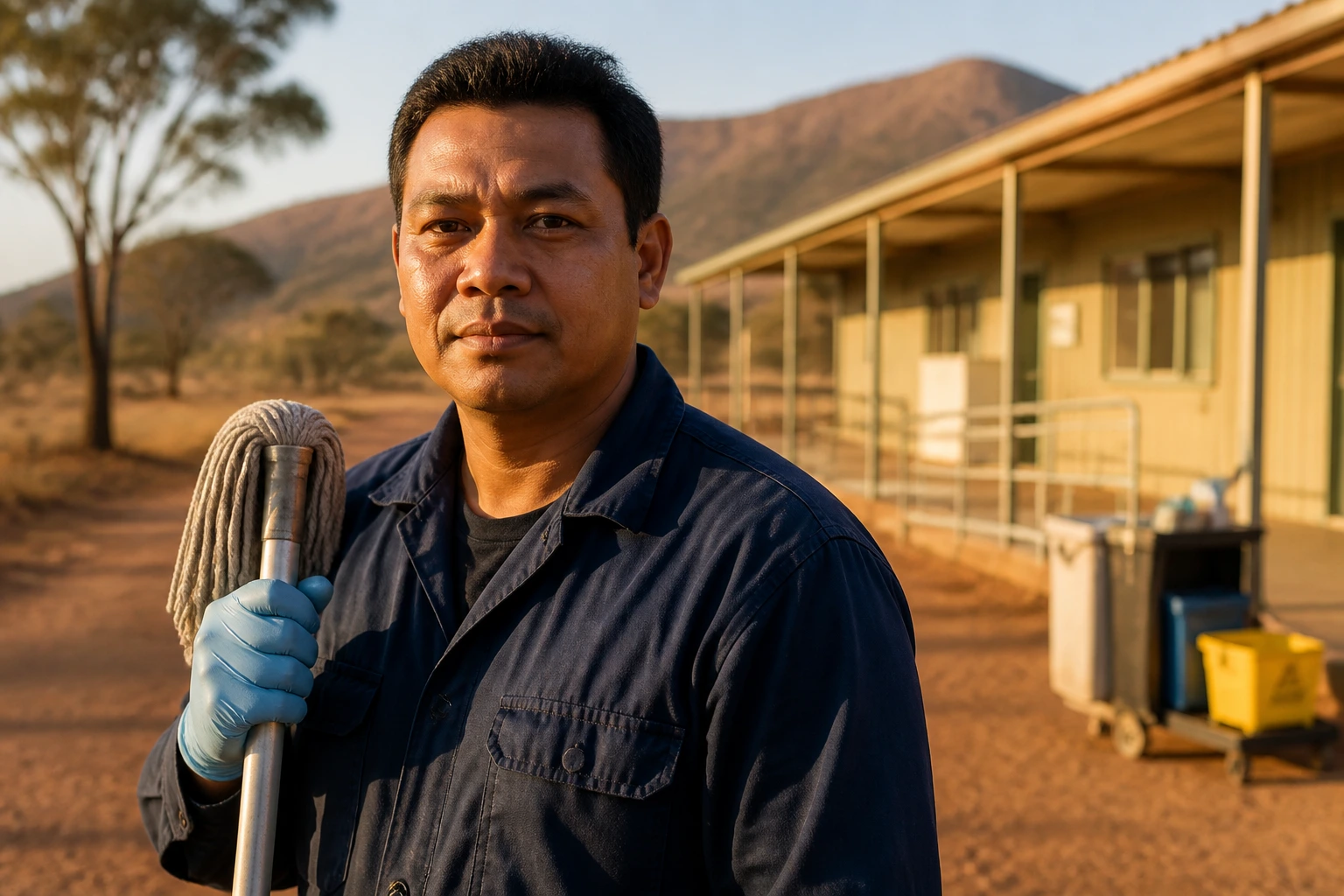 Caretaker in regional Australia outdoors with a remote facility behind