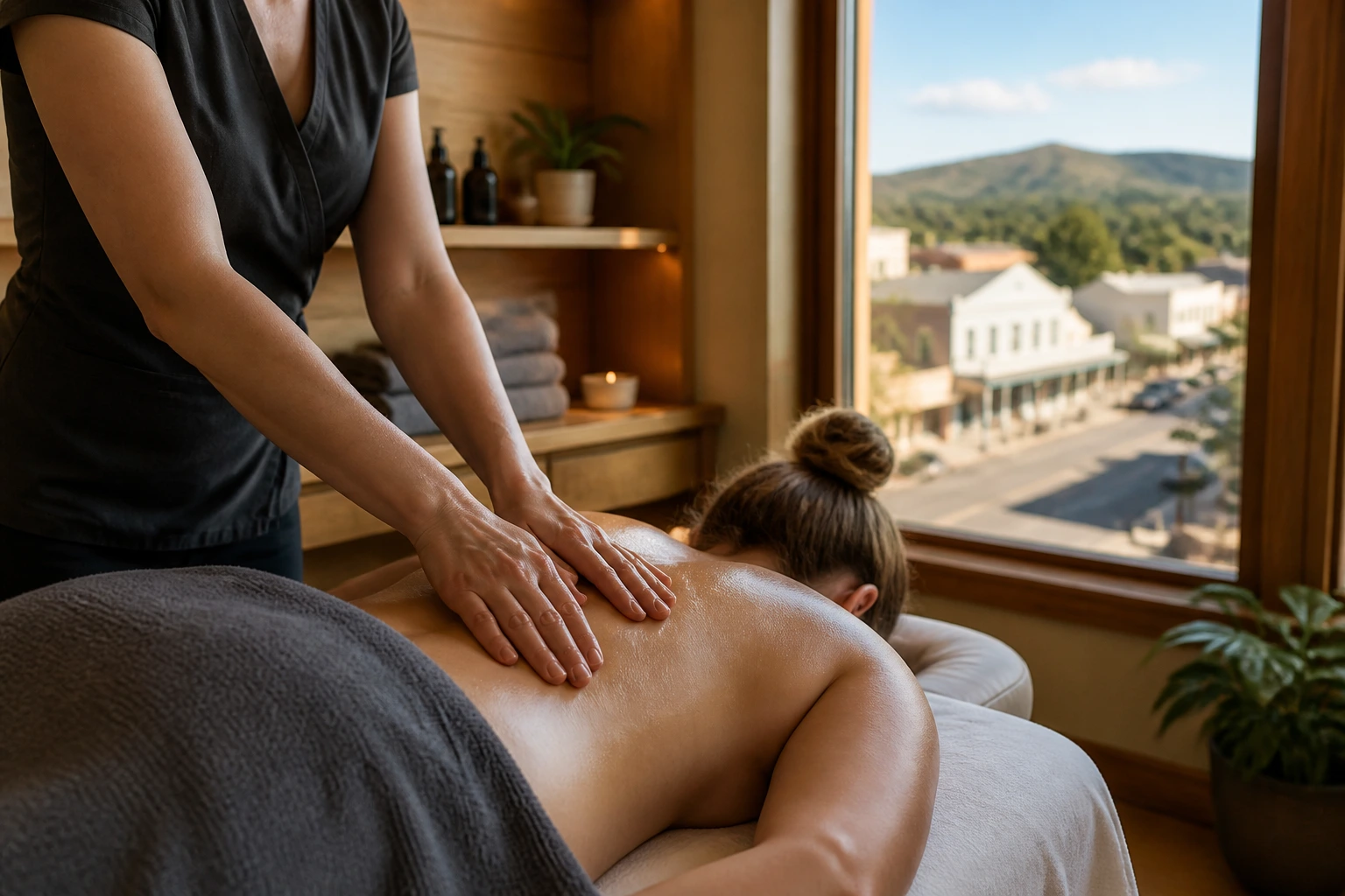 Close-up of massage therapy session in a regional town clinic, therapist hands on client's back