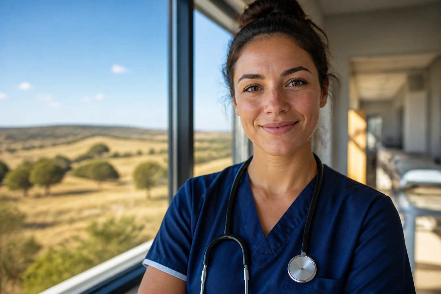 Nurse in regional hospital with rural landscape visible through window