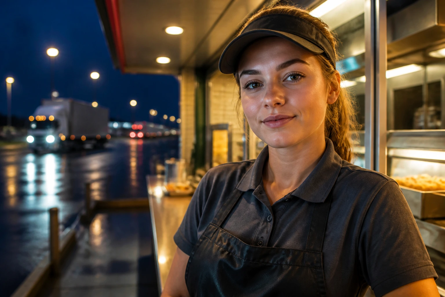 Regional rural fast-food worker at night by highway outlet