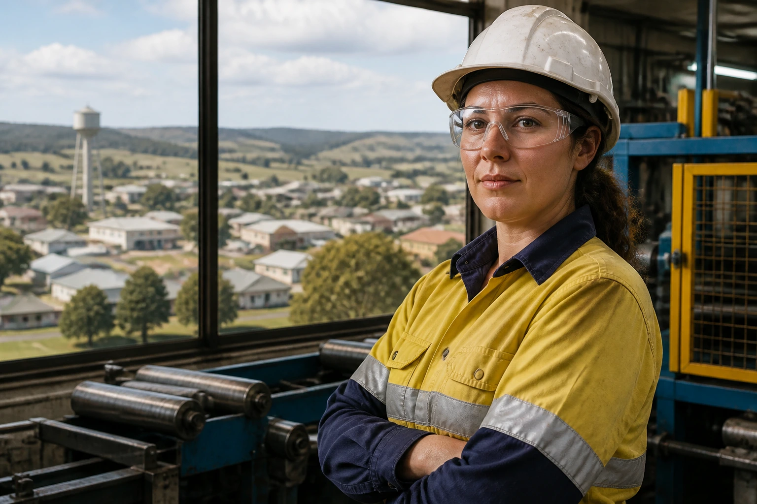 Factory worker in regional town plant with rural backdrop