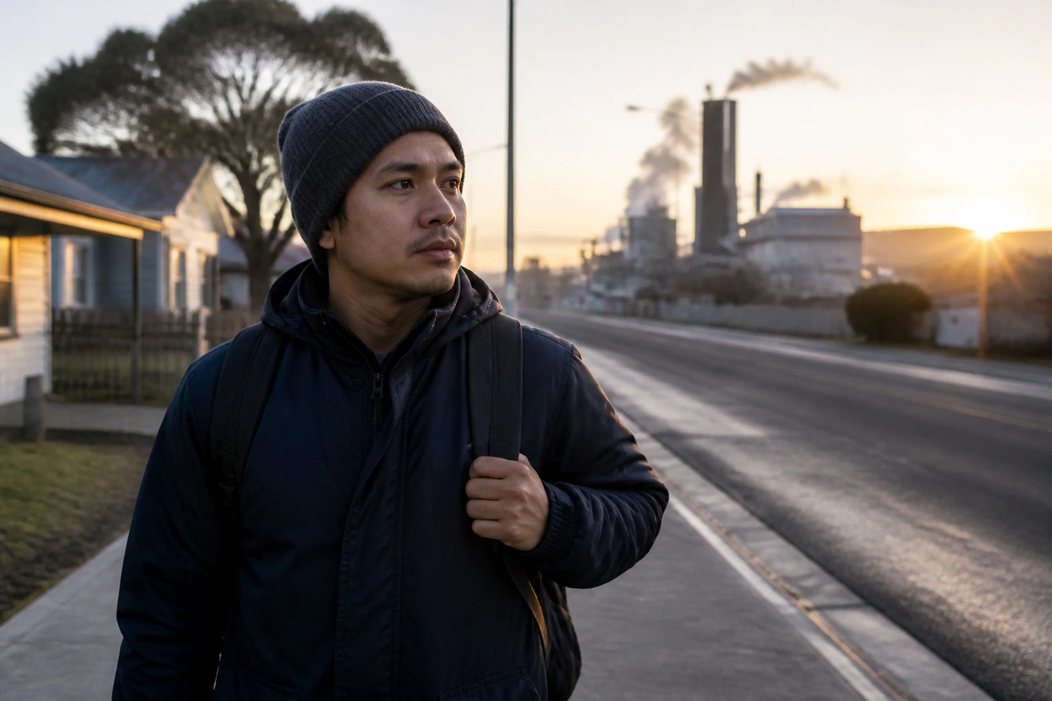 Portrait of a newcomer in a regional meat-processing town at dawn