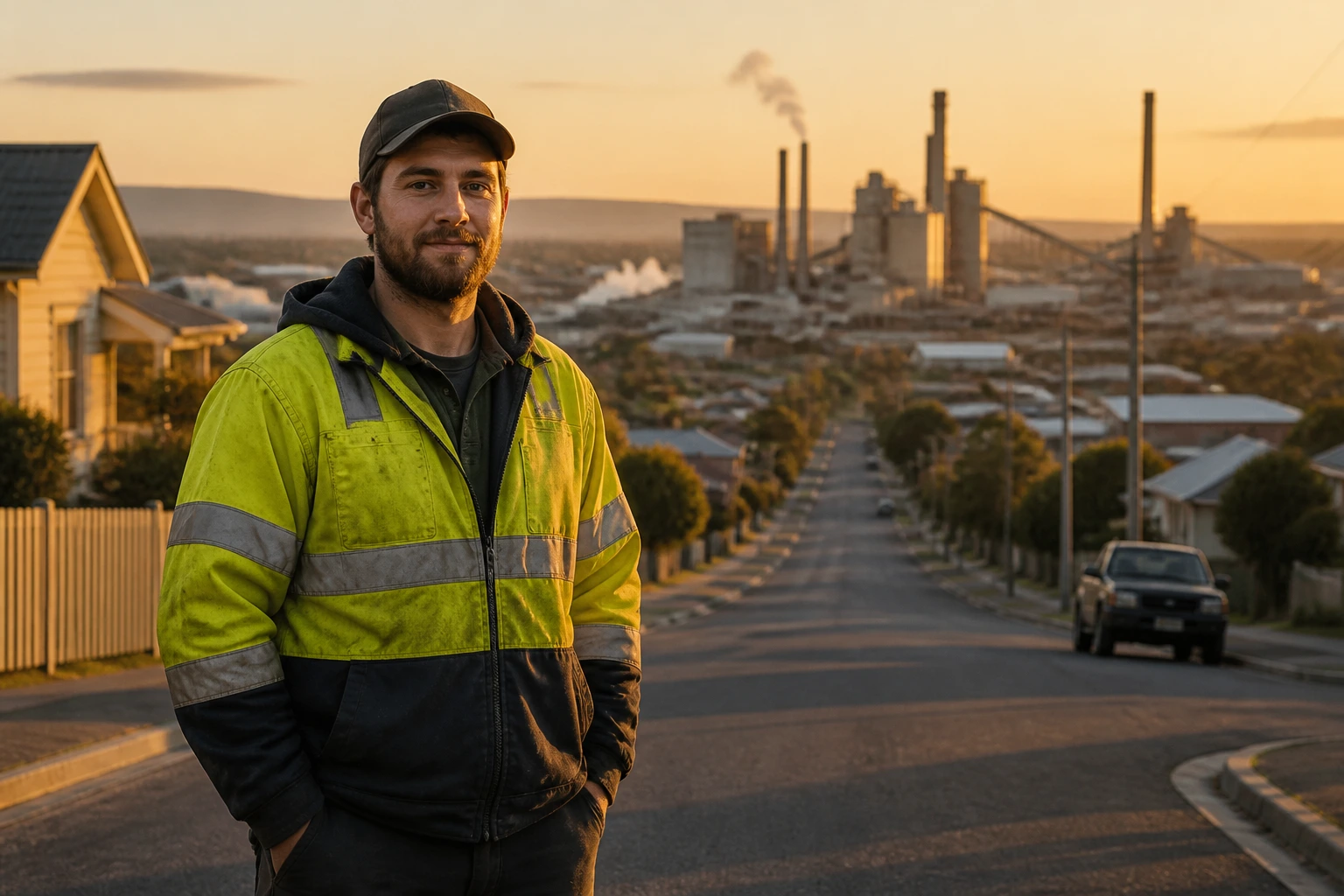 Worker in hi-vis on a quiet regional street with distant industrial plant