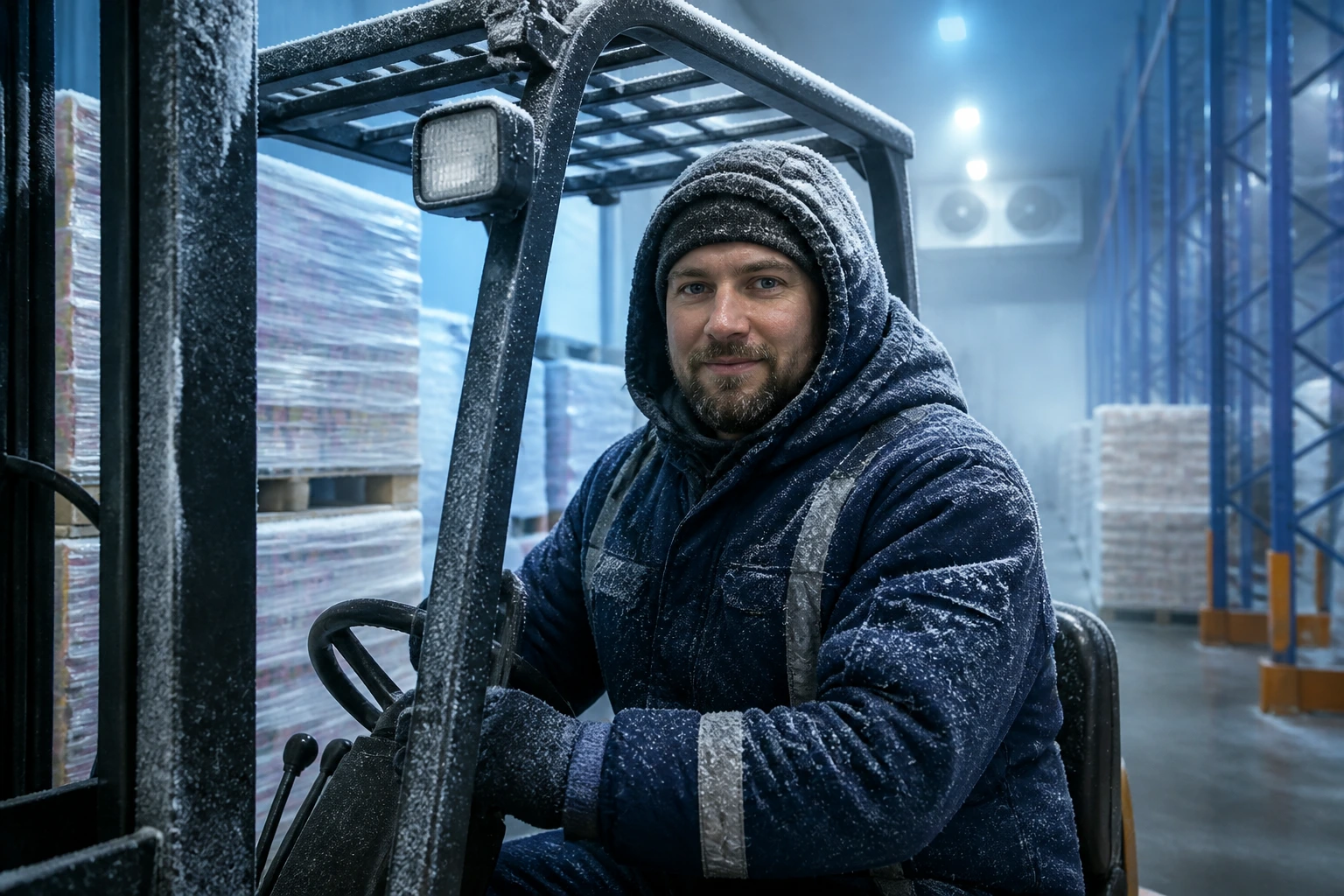 Worker in a cold-storage environment with pallets in a regional port setting