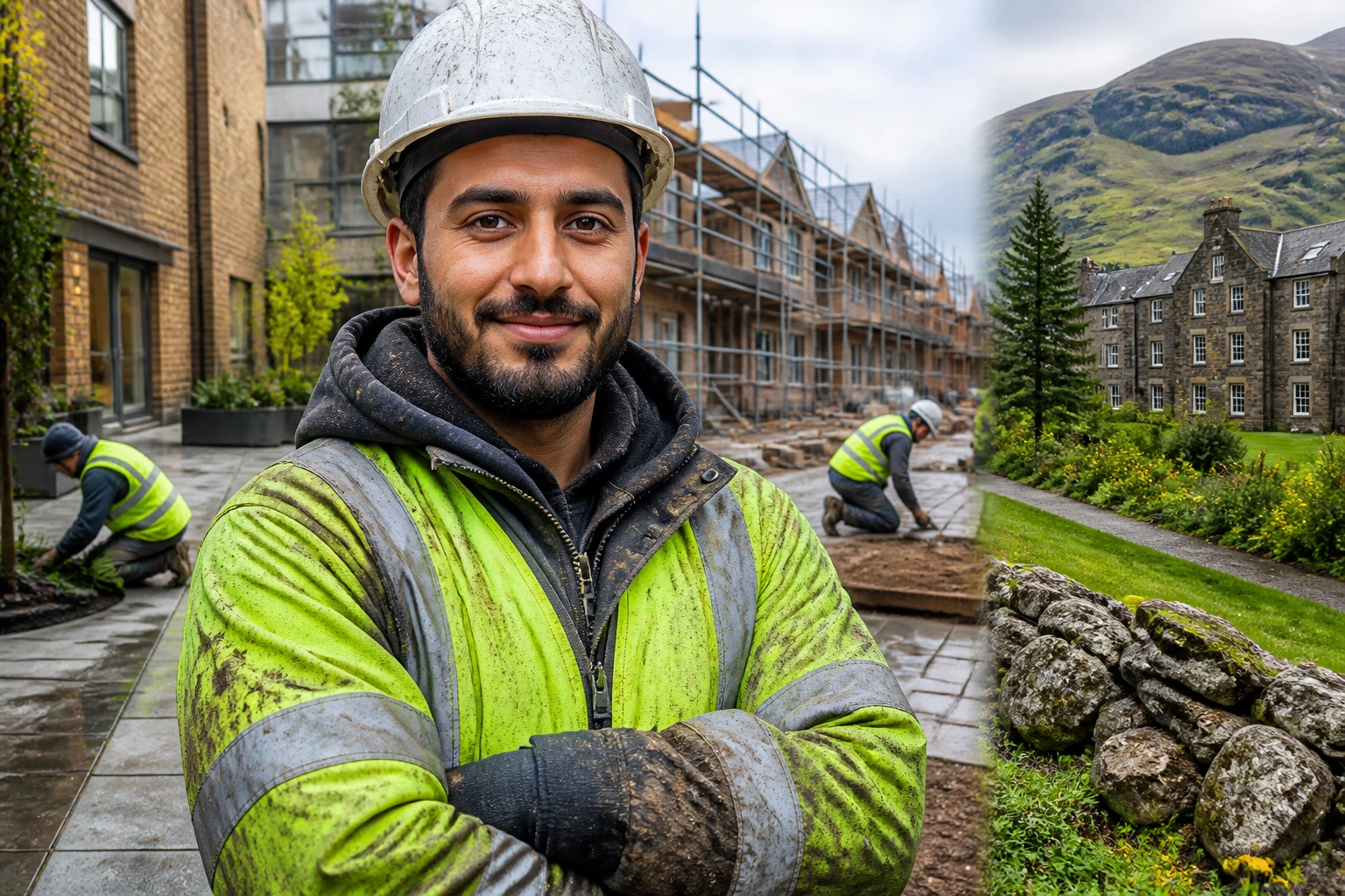 Landscaper with regional backdrop illustrating UK hotspots