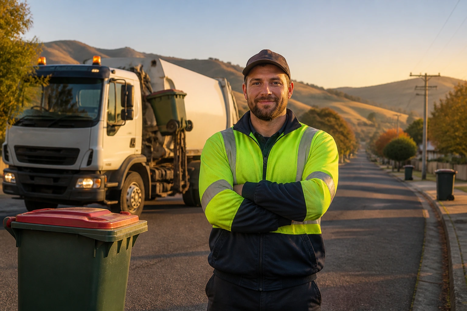 Regional waste driver in a small-town street at dawn with a truck in background