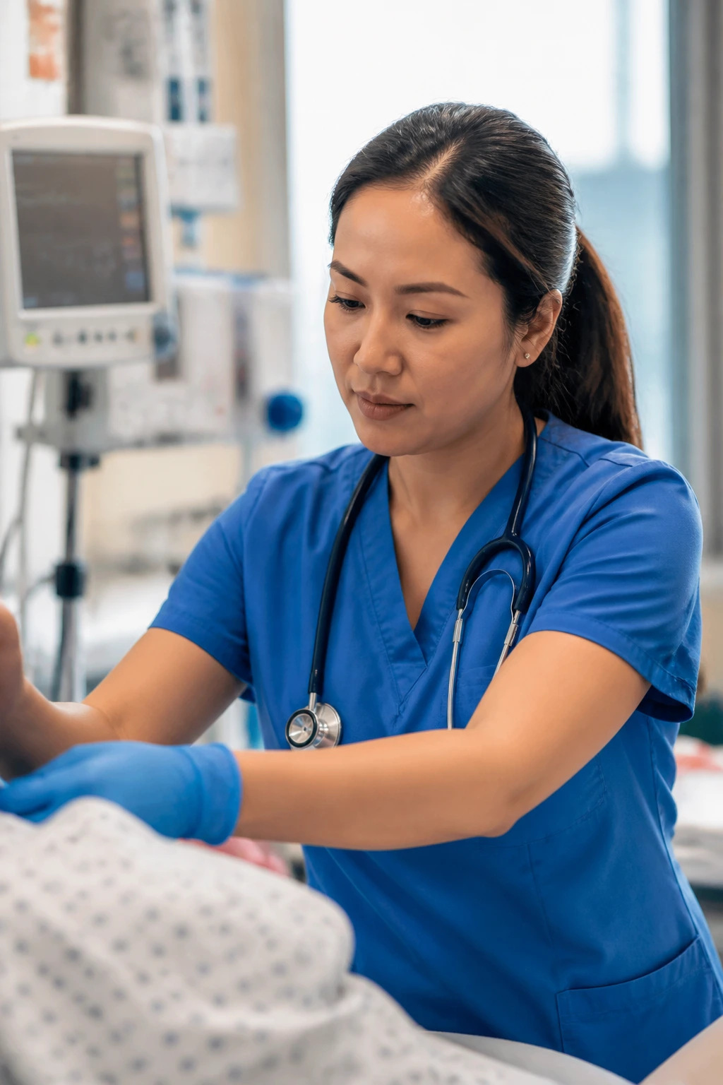 Nurse performing bedside care in a hospital ward