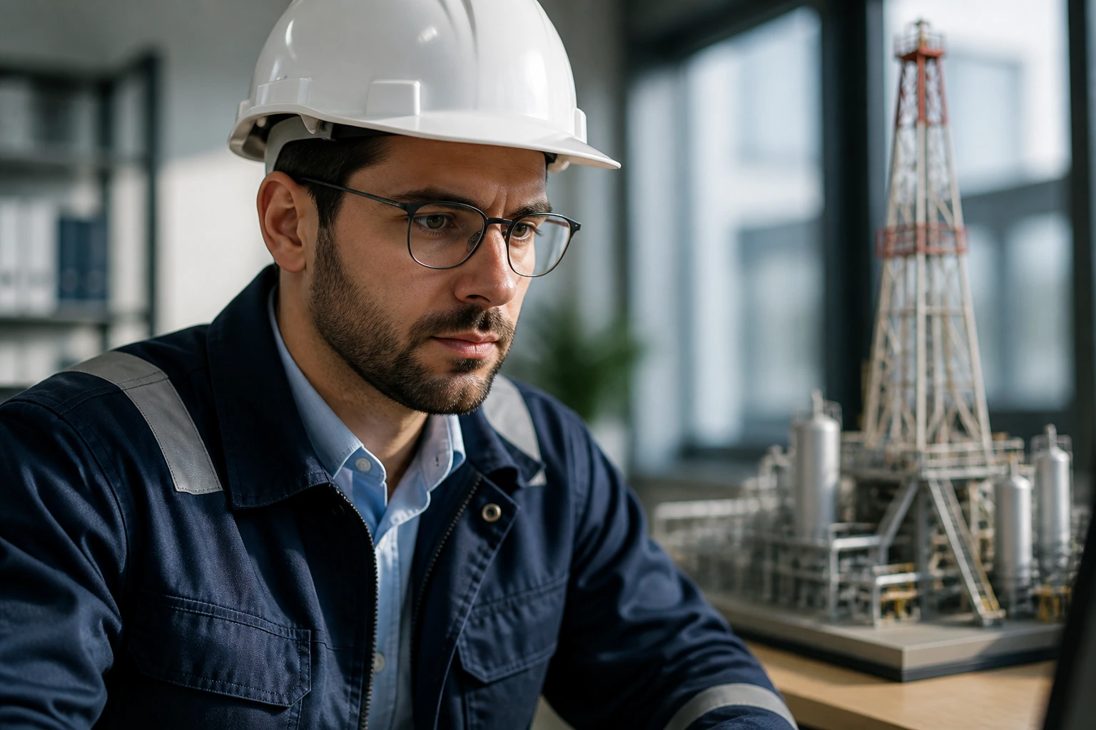 Close-up portrait of a professional in a regulated engineering setting.