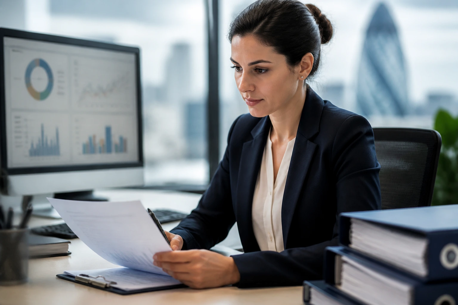 Professional in office examining compliance dashboards on a screen